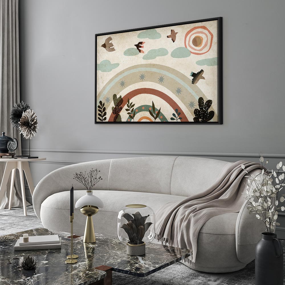 Canvas Print Rainbow and Sun Above Birds in Subdued Colors