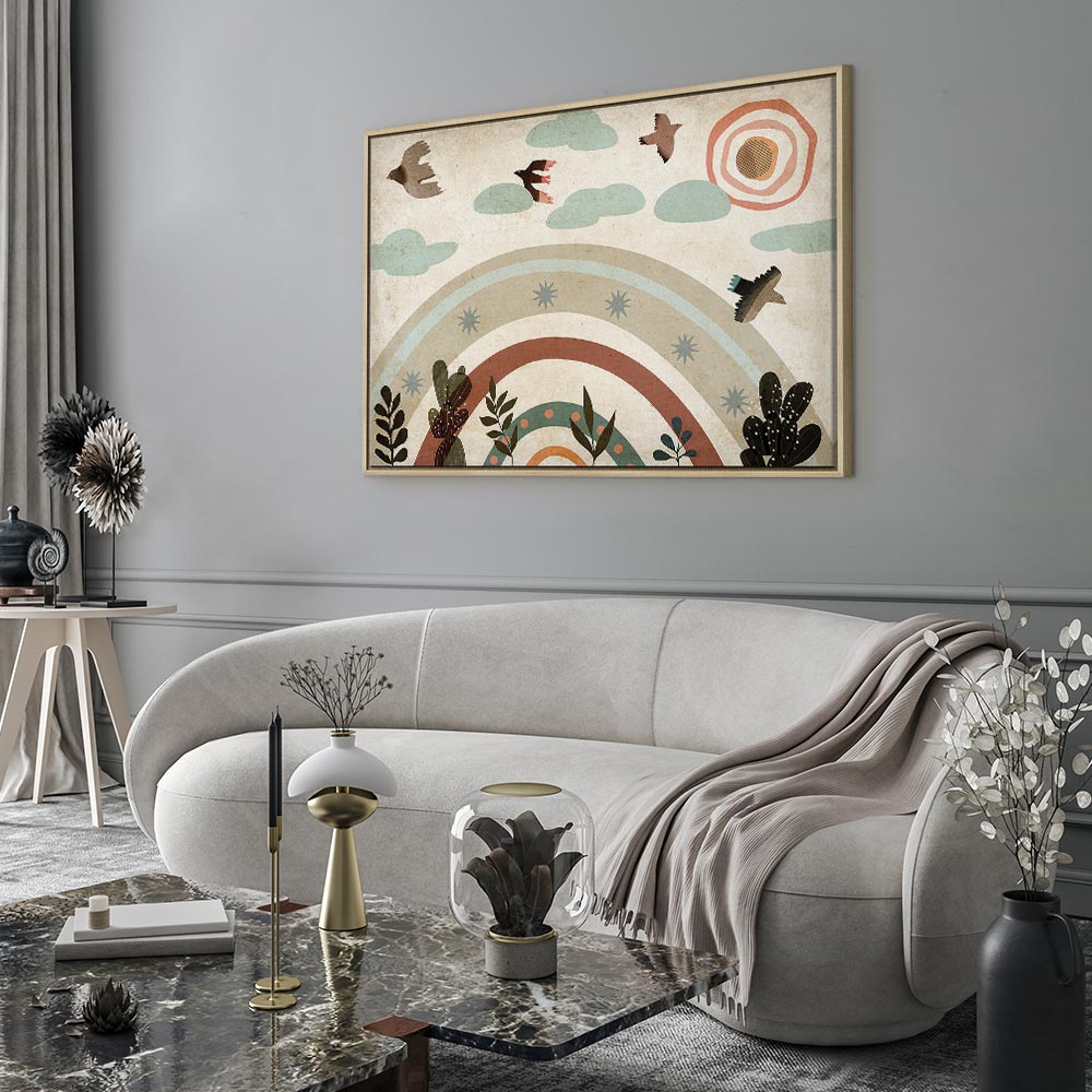 Canvas Print Rainbow and Sun Above Birds in Subdued Colors