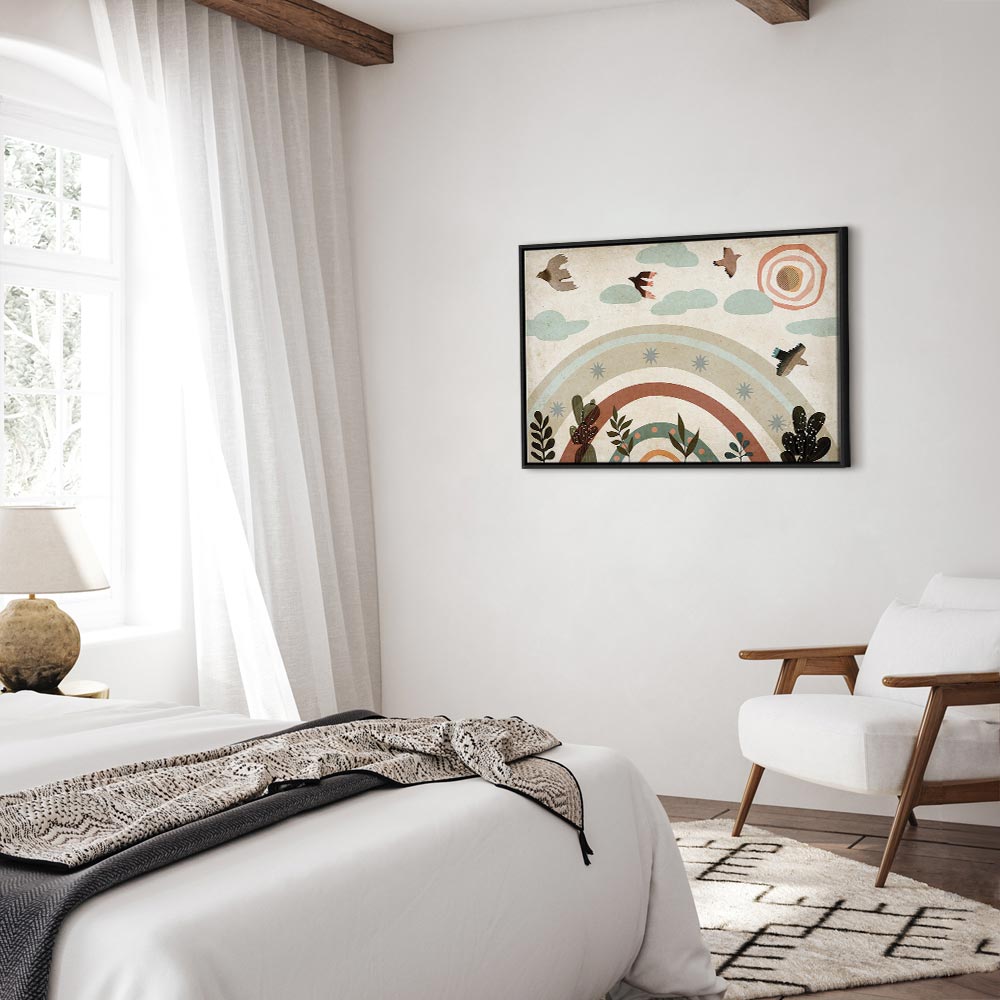 Canvas Print Rainbow and Sun Above Birds in Subdued Colors