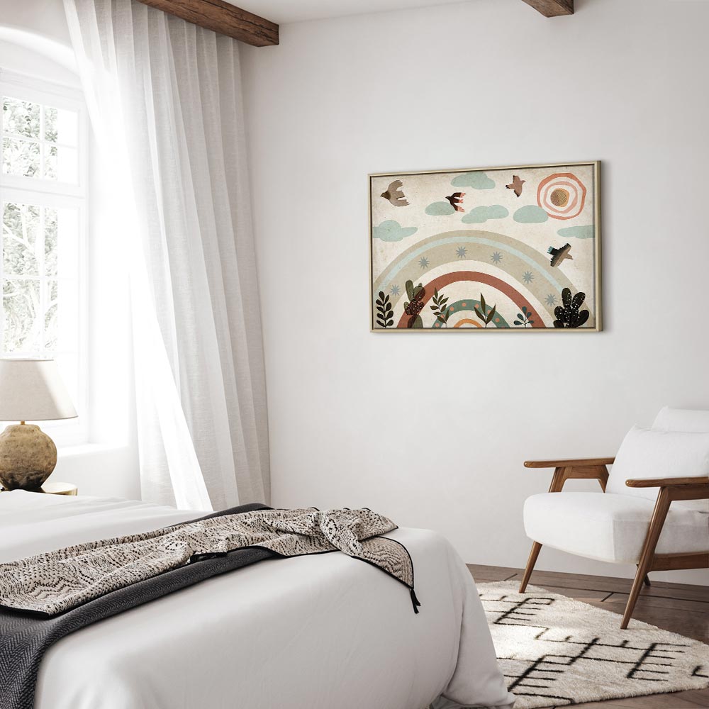 Canvas Print Rainbow and Sun Above Birds in Subdued Colors