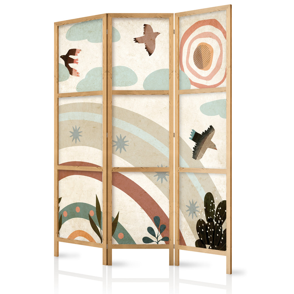 Japanese Room Divider - Sun Above the Rainbow - Birds in Subdued Colors Flying Among Clouds Above a Rainbow and Vegetation on a Light Beige Background.