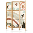 Japanese Room Divider - Sun Above the Rainbow - Birds in Subdued Colors Flying Among Clouds Above a Rainbow and Vegetation on a Light Beige Background.