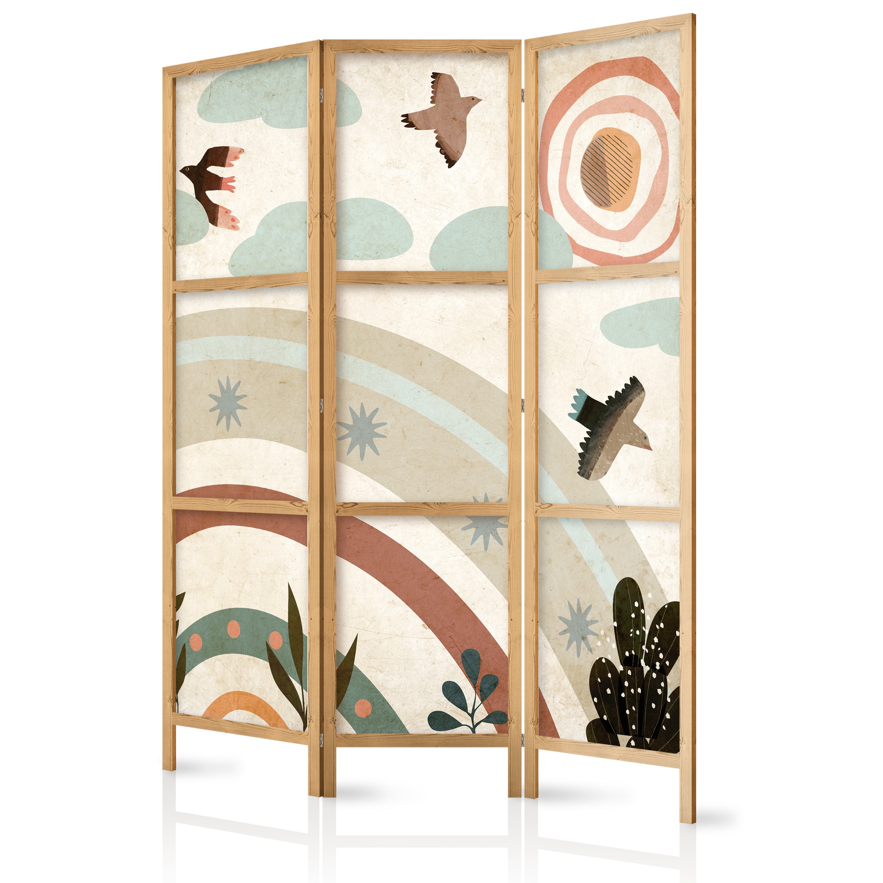 Japanese Room Divider - Sun Above the Rainbow - Birds in Subdued Colors Flying Among Clouds Above a Rainbow and Vegetation on a Light Beige Background.