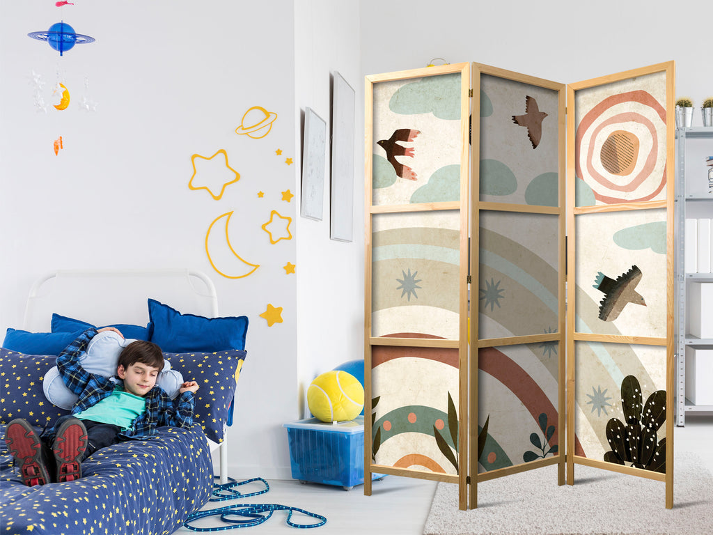 Japanese Room Divider - Sun Above the Rainbow - Birds in Subdued Colors Flying Among Clouds Above a Rainbow and Vegetation on a Light Beige Background.