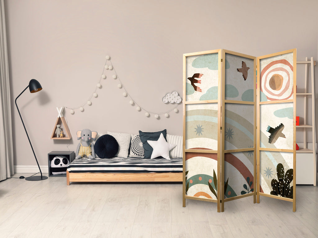 Japanese Room Divider - Sun Above the Rainbow - Birds in Subdued Colors Flying Among Clouds Above a Rainbow and Vegetation on a Light Beige Background.