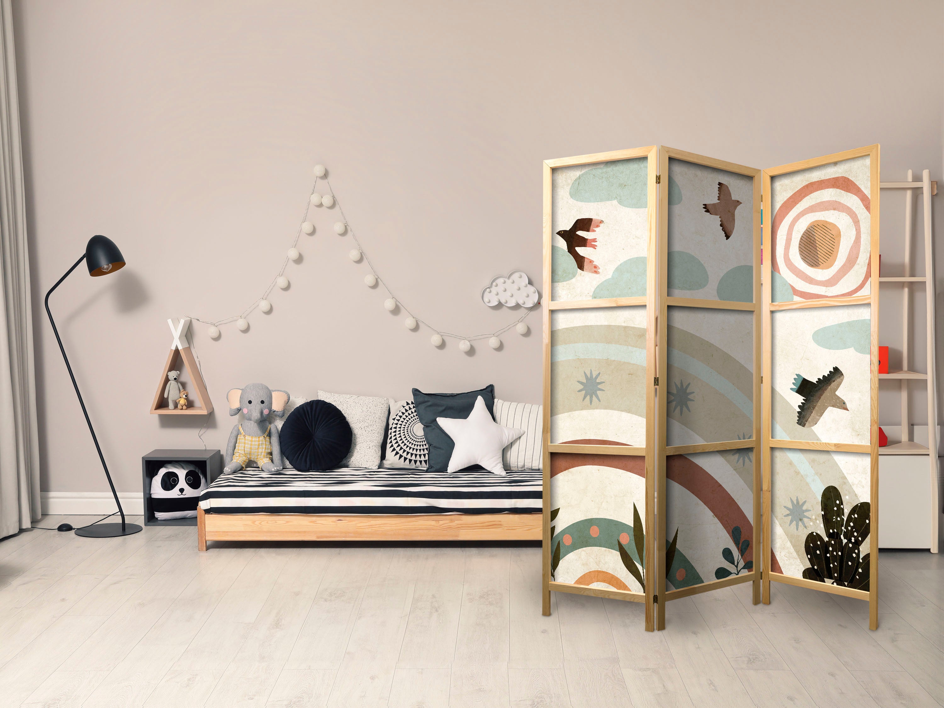 Japanese Room Divider - Sun Above the Rainbow - Birds in Subdued Colors Flying Among Clouds Above a Rainbow and Vegetation on a Light Beige Background.