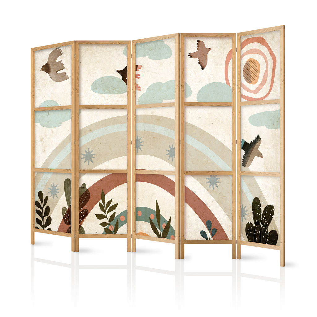 Japanese Room Divider with Birds and Rainbow - 5-Panel