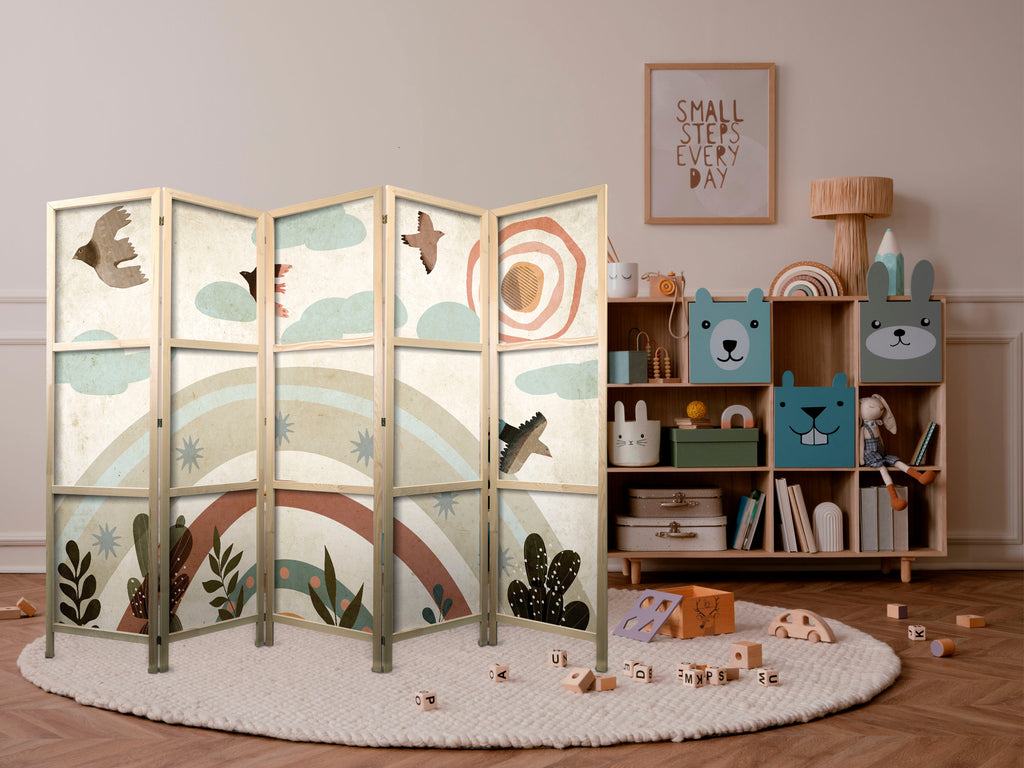 Japanese Room Divider with Birds and Rainbow - 5-Panel