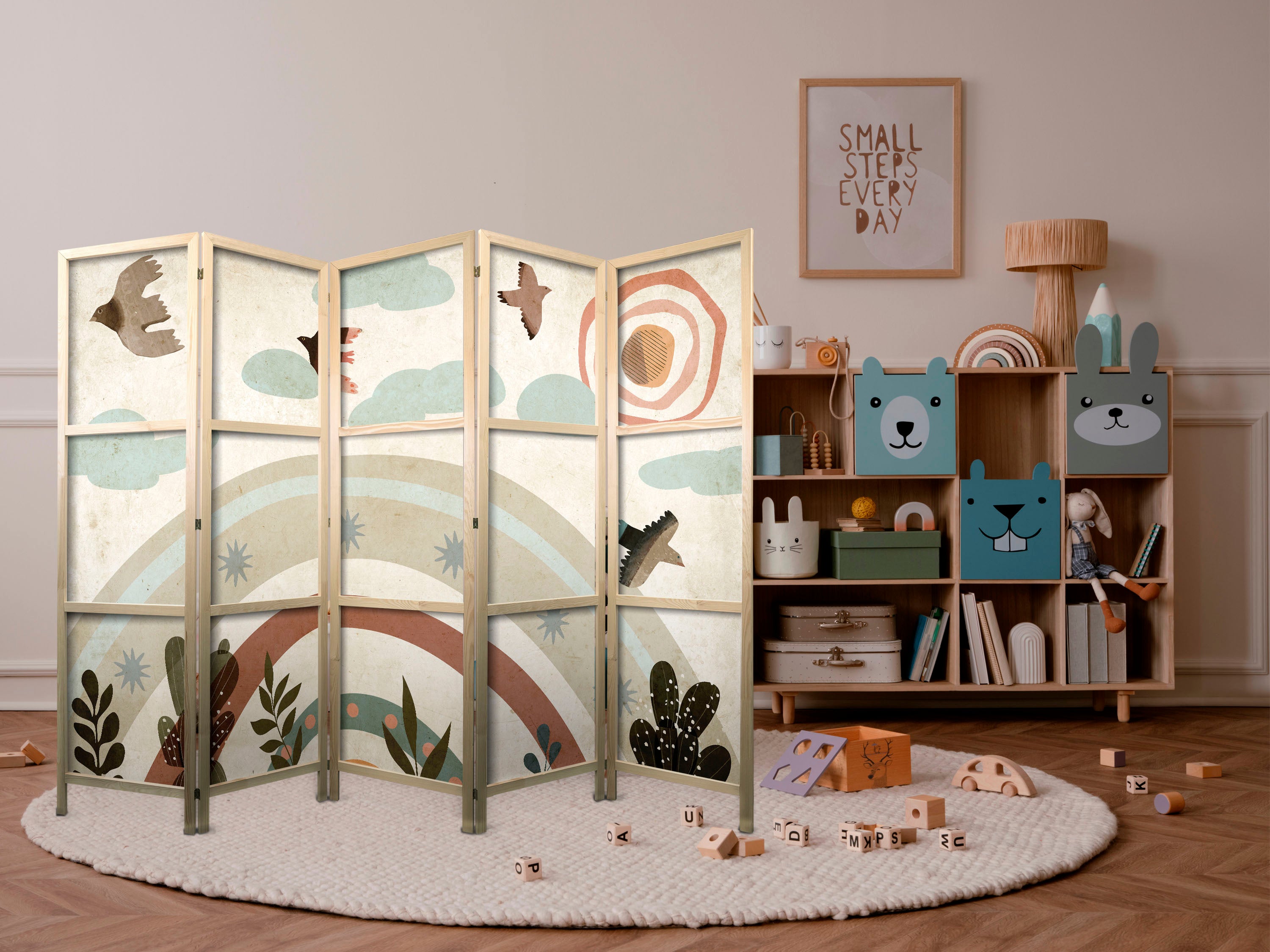 Japanese Room Divider with Birds and Rainbow - 5-Panel