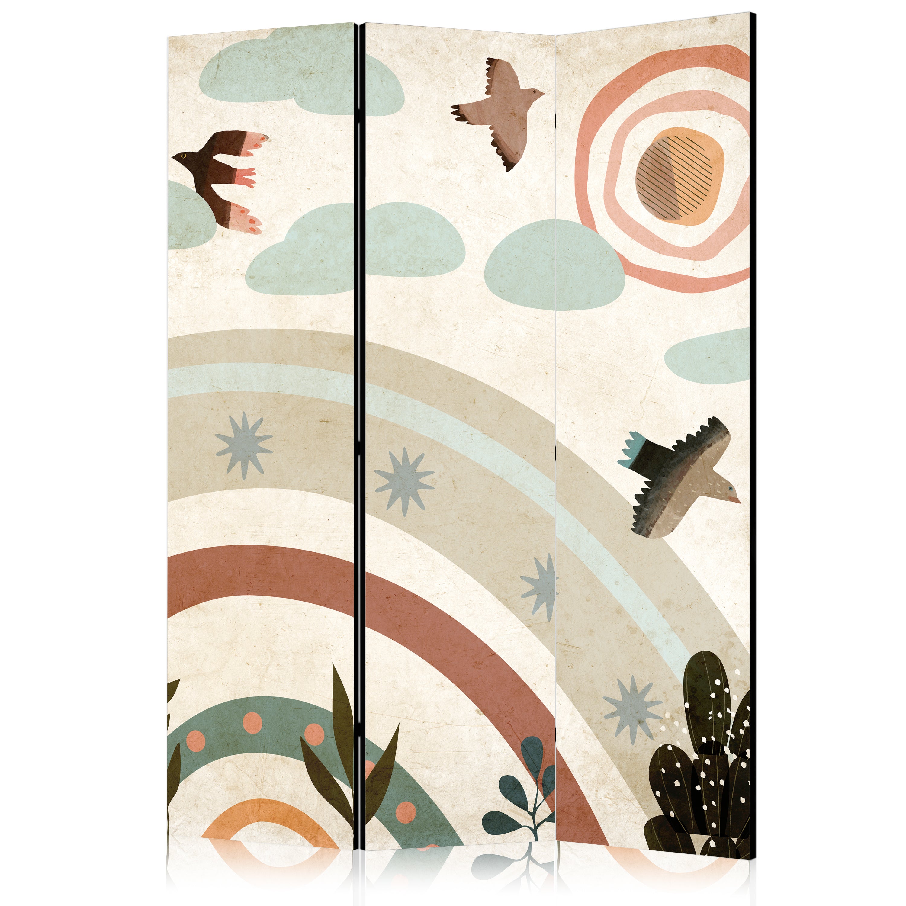 Room Divider with Rainbow Birds on Beige Background