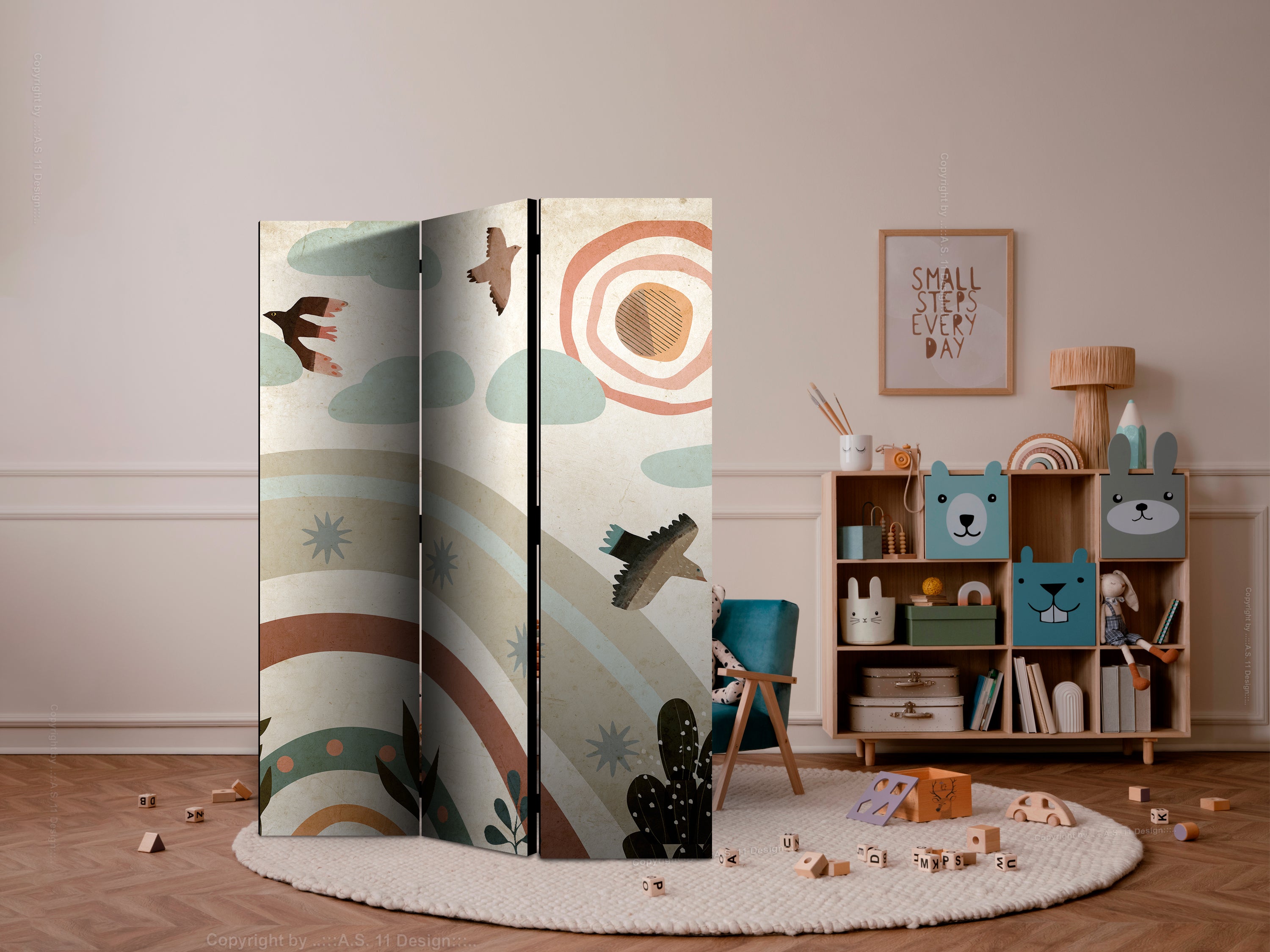 Room Divider with Rainbow Birds on Beige Background