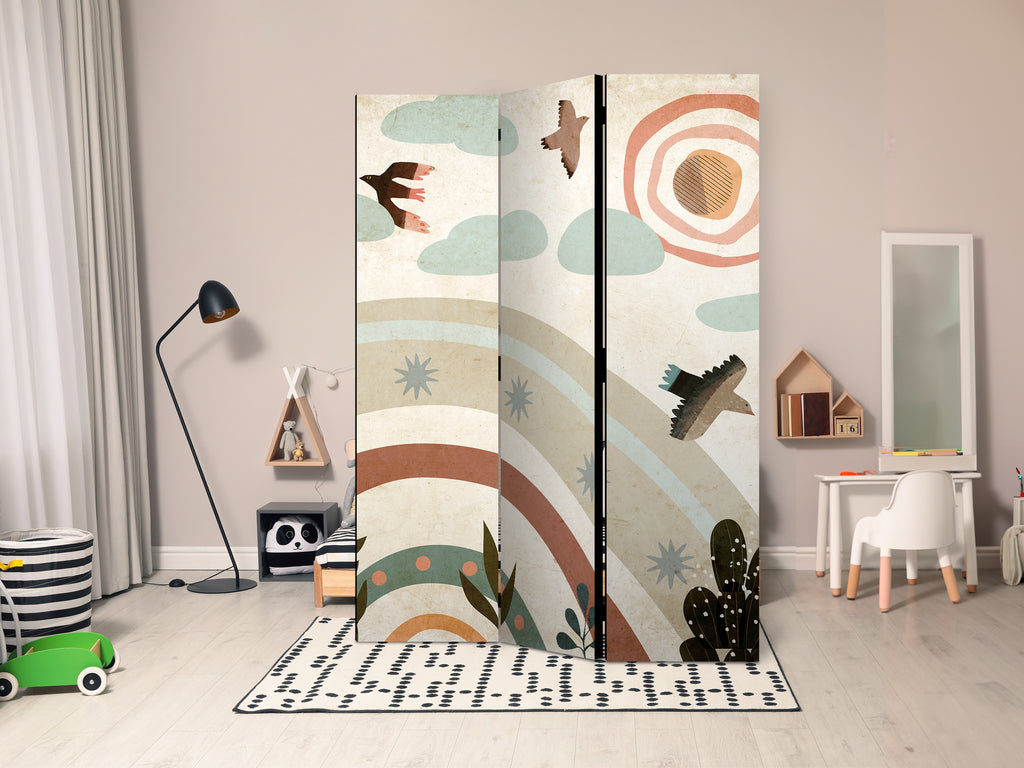 Room Divider with Rainbow Birds on Beige Background