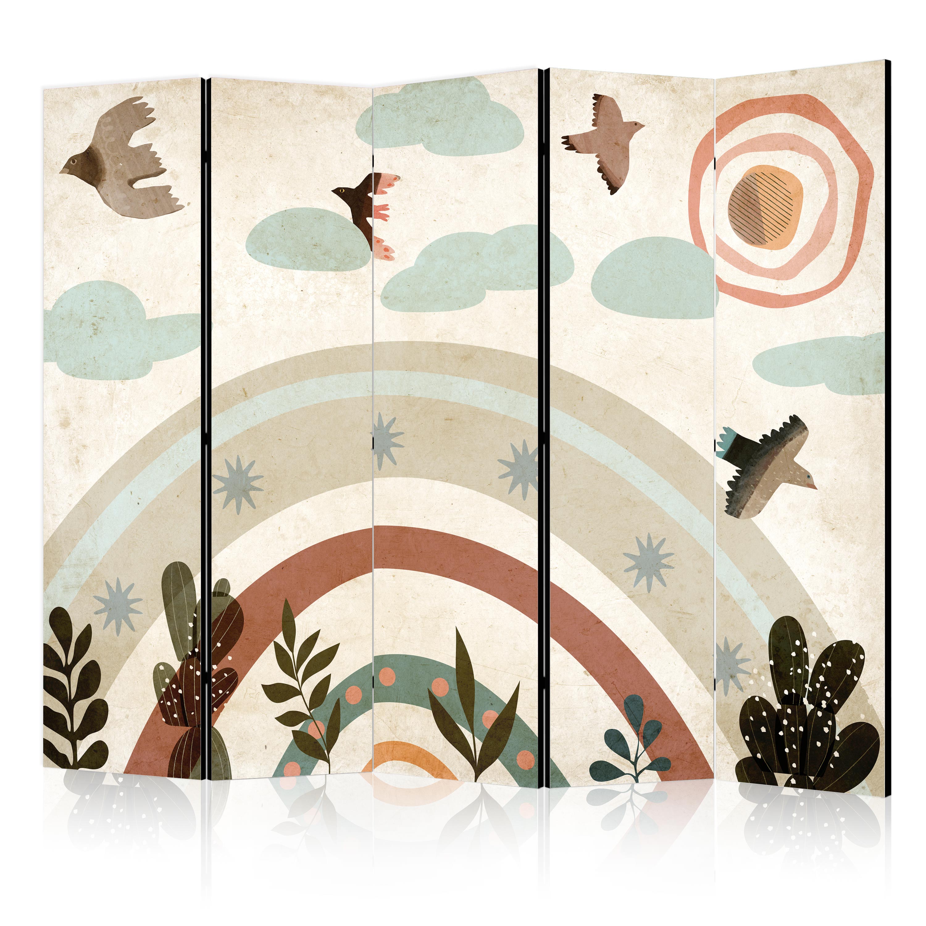 Room Divider 5-panel with Sun Above the Rainbow and Birds