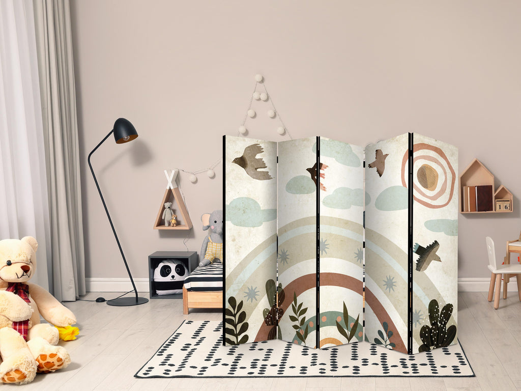 Room Divider 5-panel with Sun Above the Rainbow and Birds