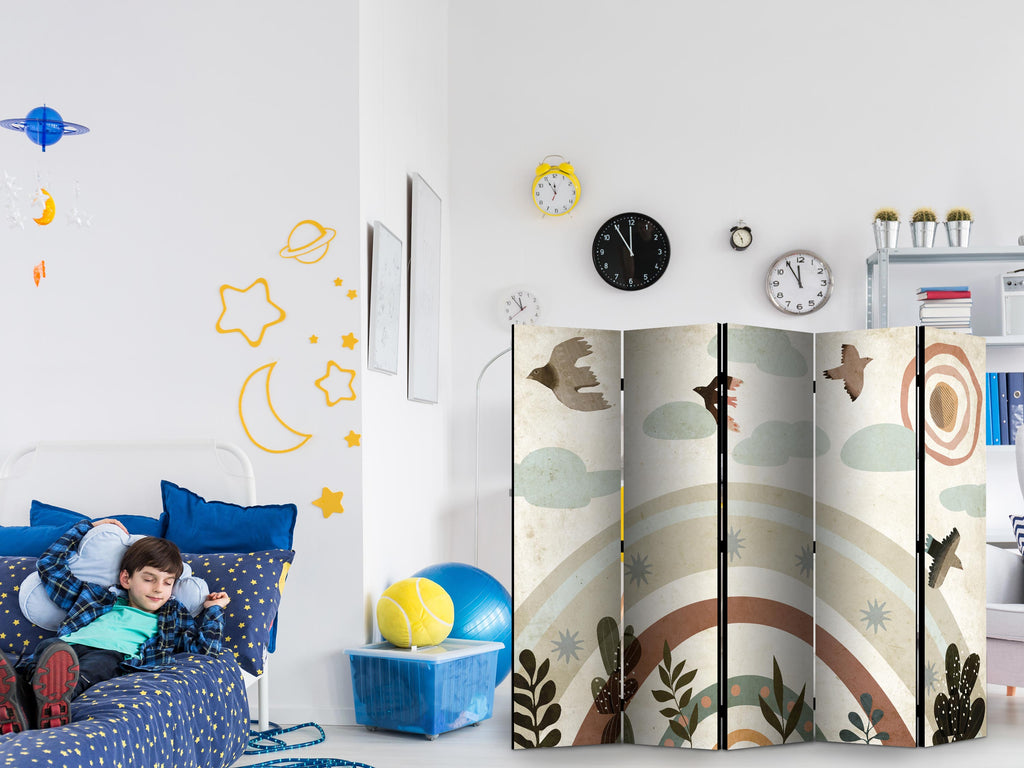 Room Divider 5-panel with Sun Above the Rainbow and Birds