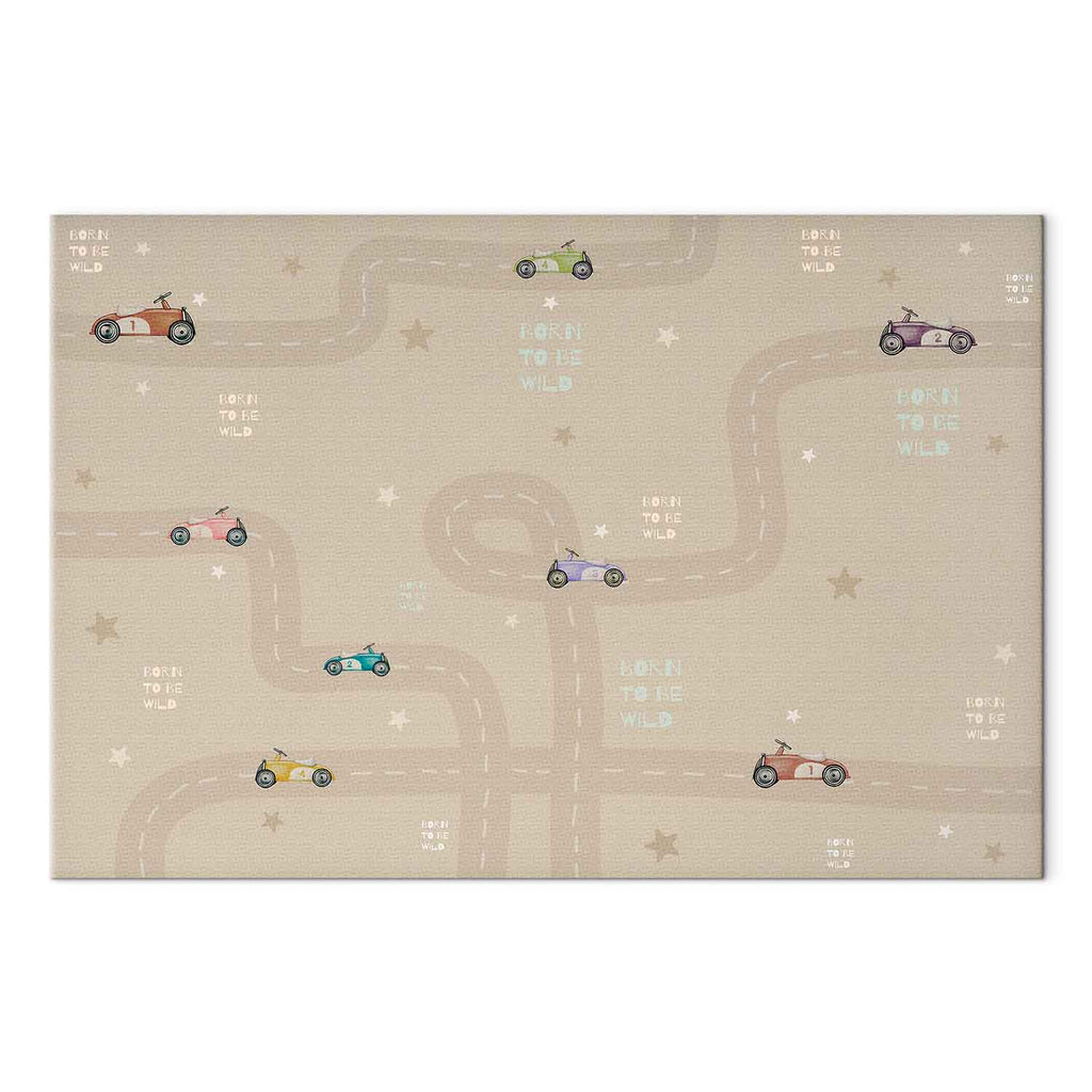 Colorful Race Cars on Beige Canvas Print