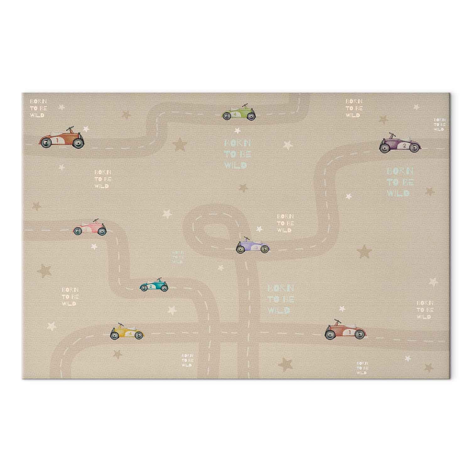 Colorful Race Cars on Beige Canvas Print