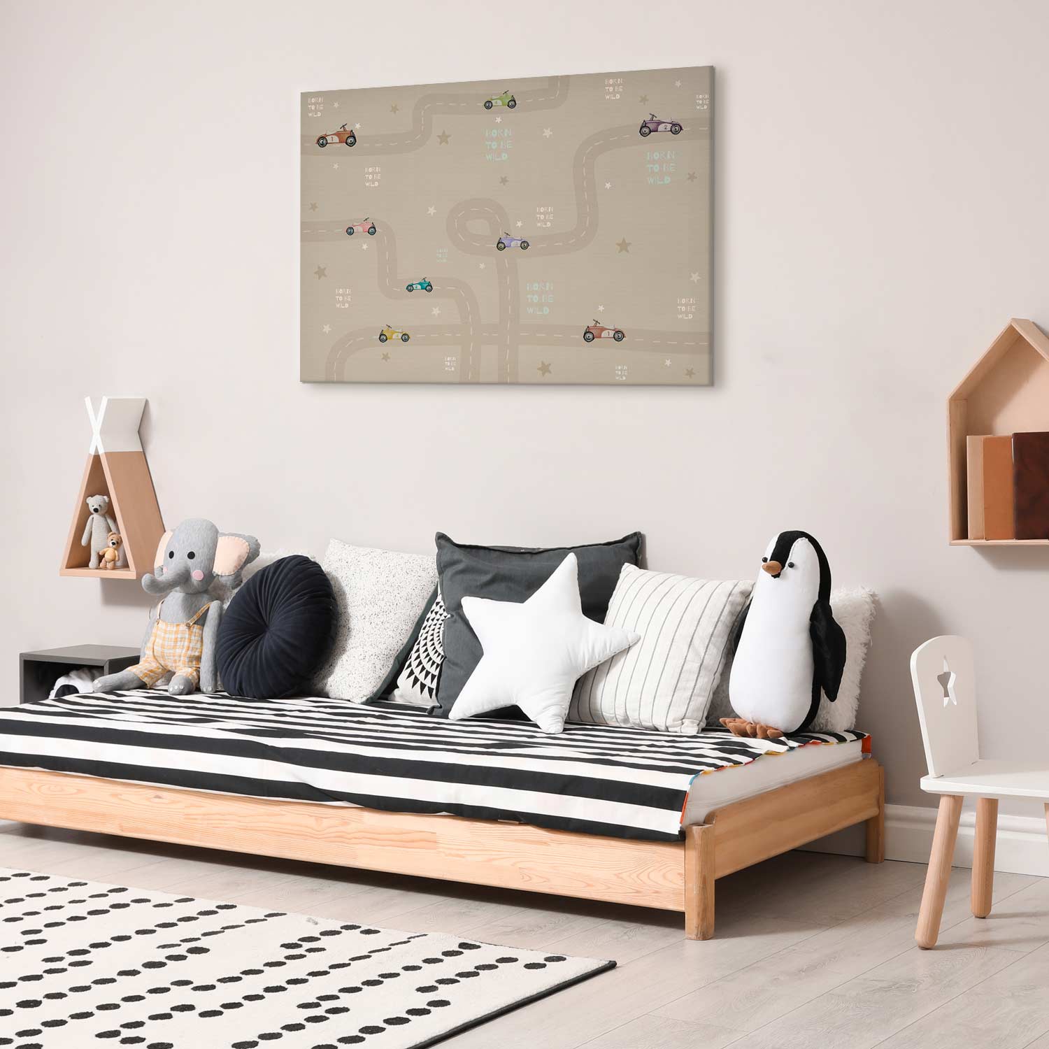 Colorful Race Cars on Beige Canvas Print