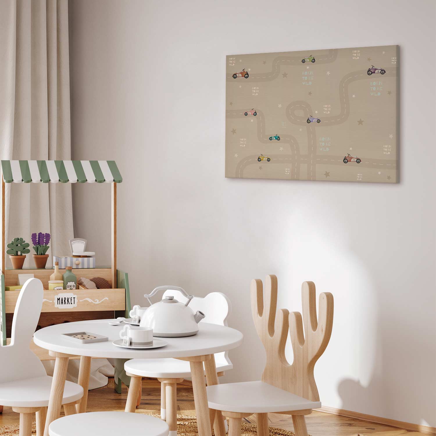 Colorful Race Cars on Beige Canvas Print