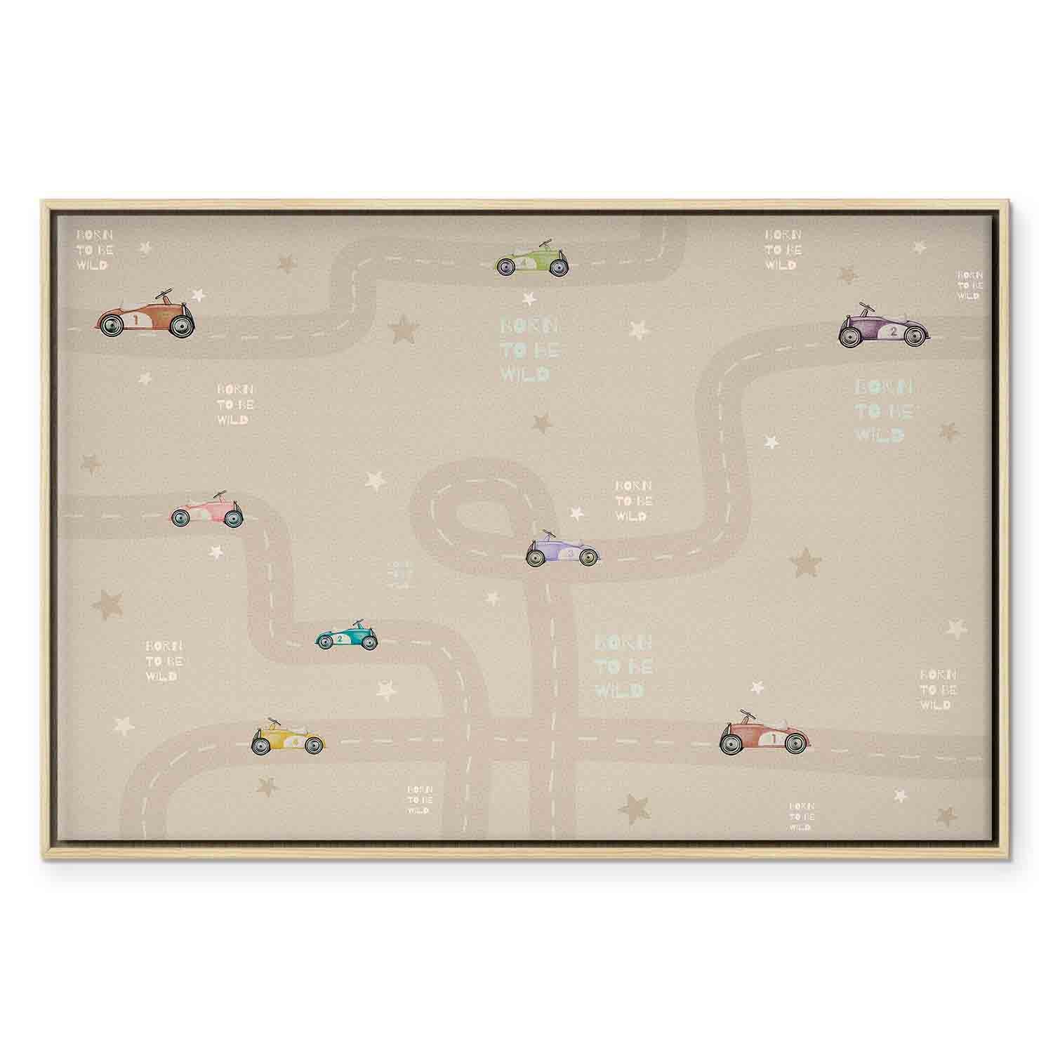 Colorful Race Cars on Beige Canvas Print