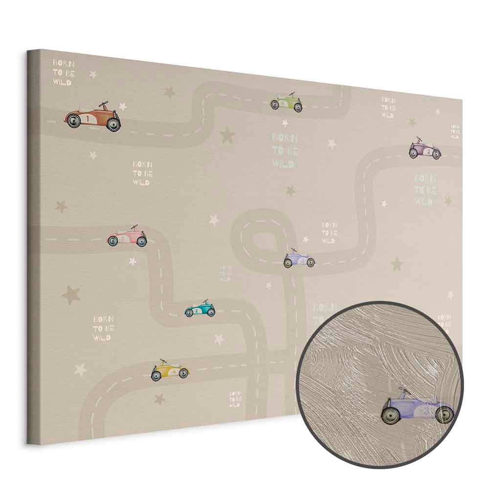 Colorful Race Cars on Beige Canvas Print
