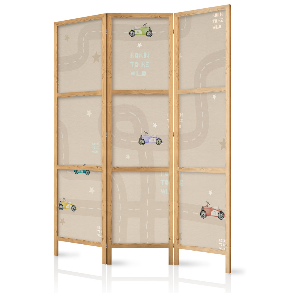 Japanese Room Divider - Race motif with colorful cars on beige background
