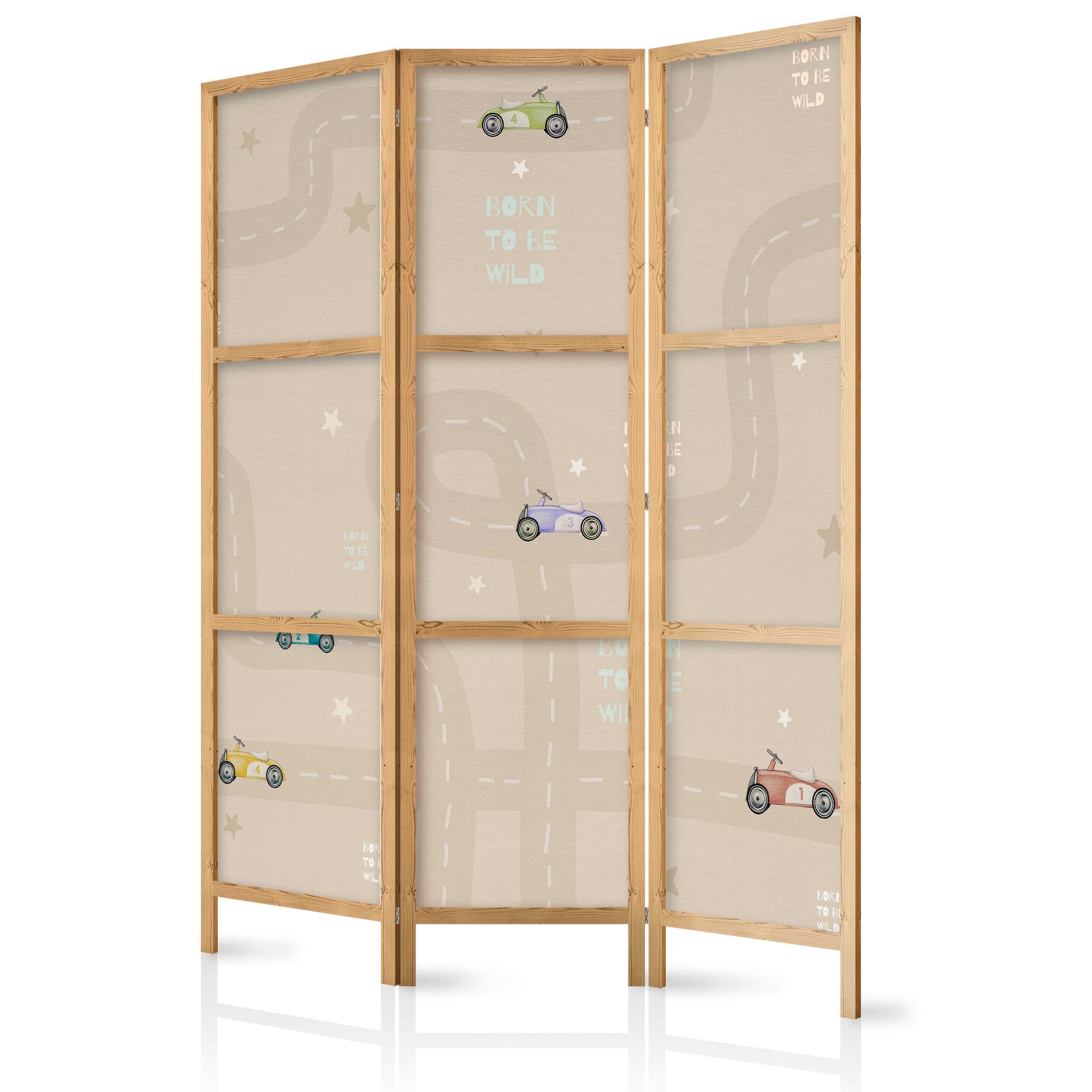 Japanese Room Divider - Race motif with colorful cars on beige background