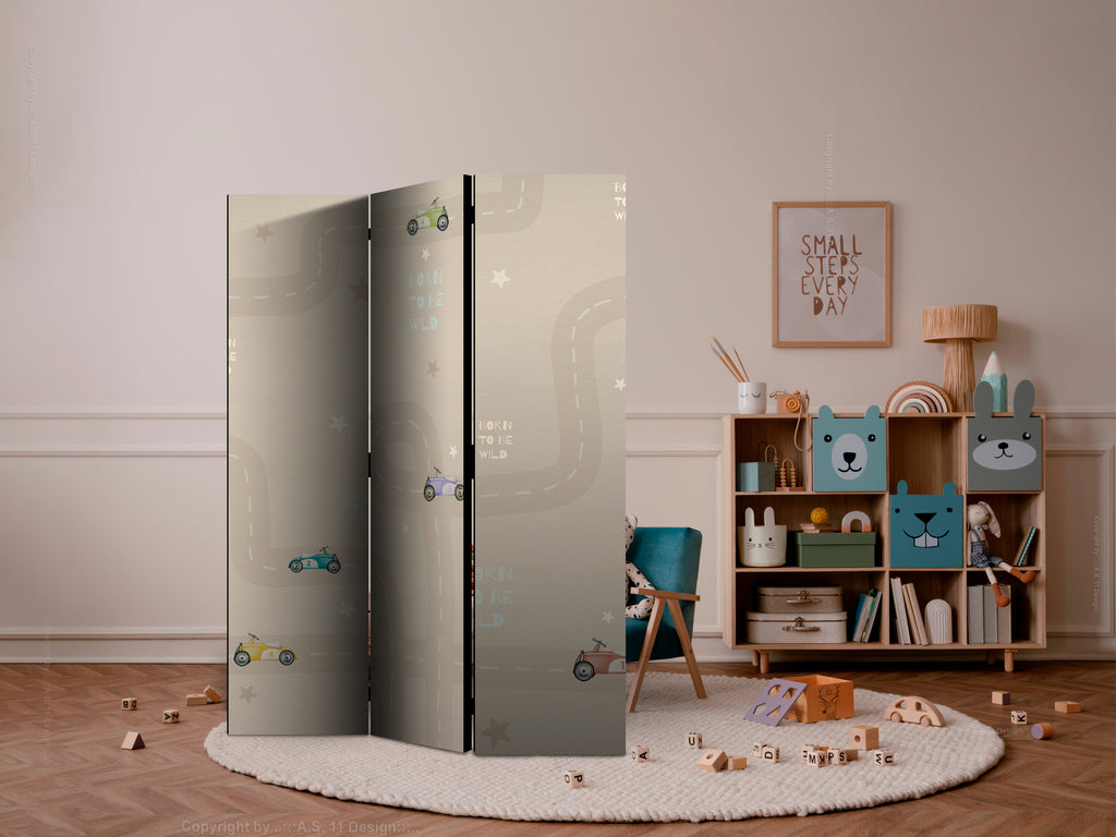 Room Divider - Race Theme with Colorful Cars on Beige Background