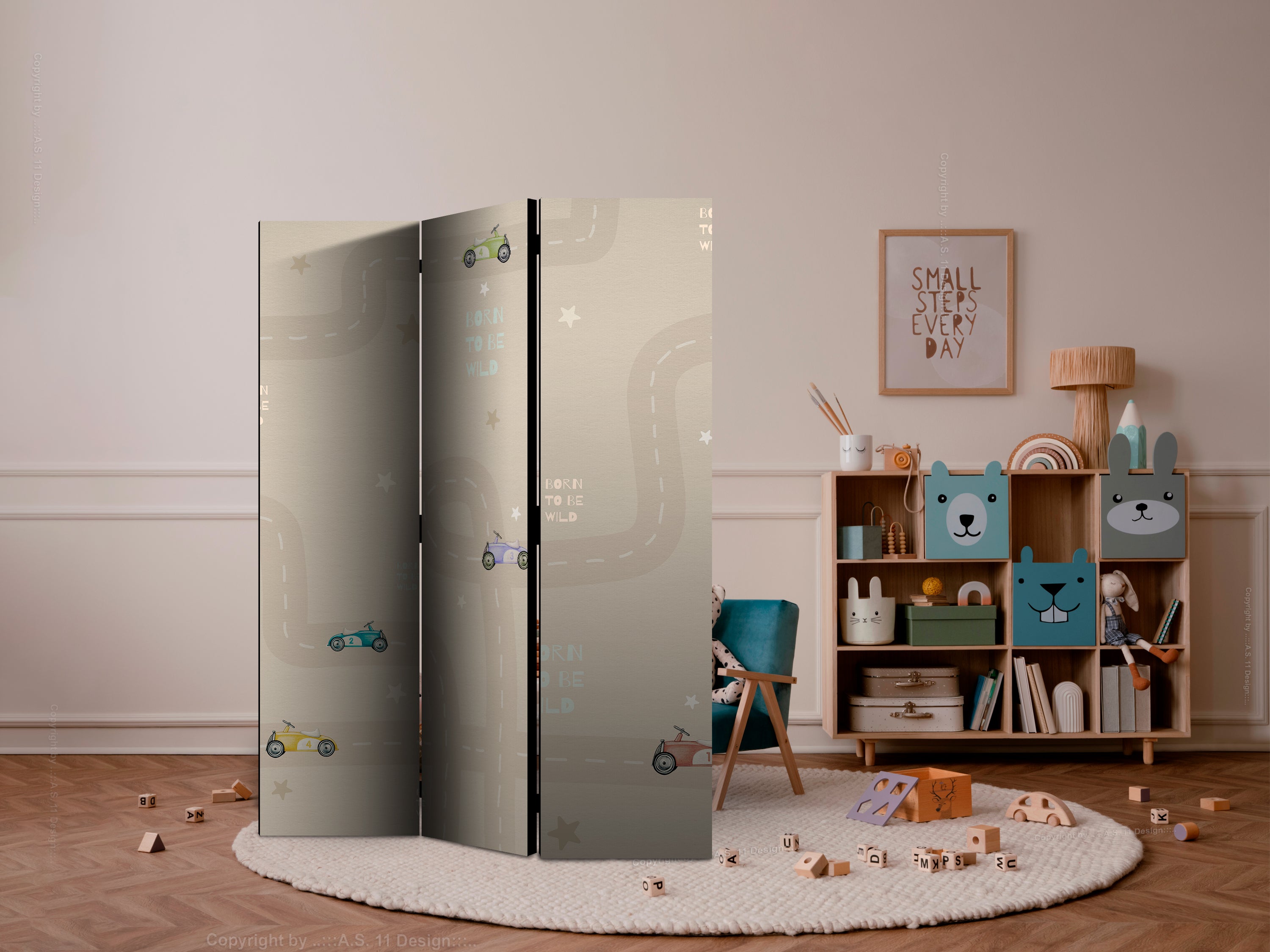 Room Divider - Race Theme with Colorful Cars on Beige Background