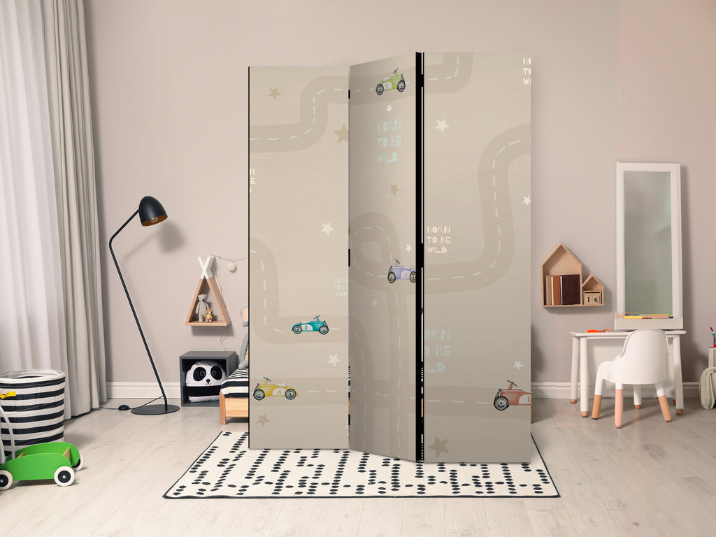 Room Divider - Race Theme with Colorful Cars on Beige Background