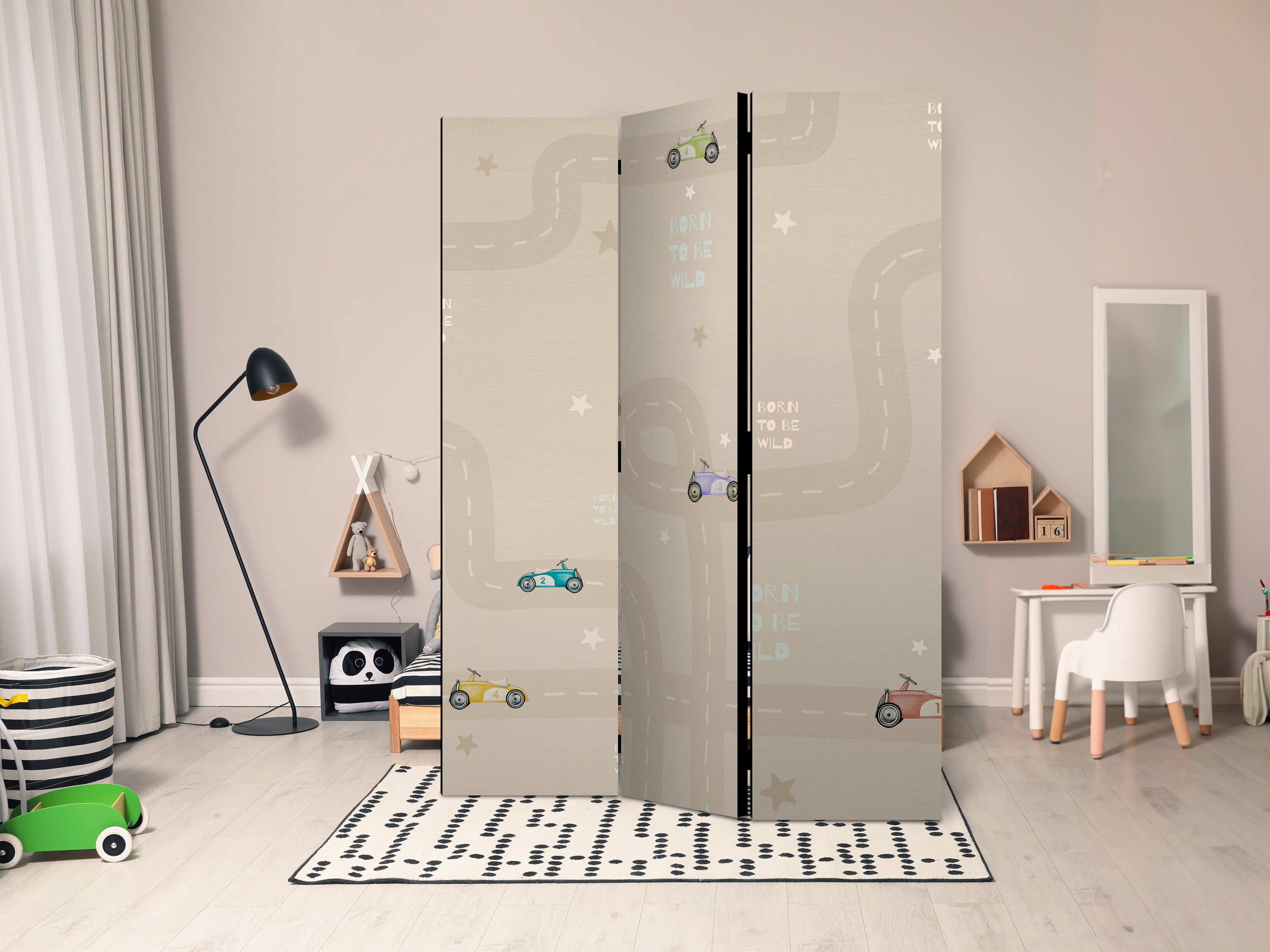 Room Divider - Race Theme with Colorful Cars on Beige Background