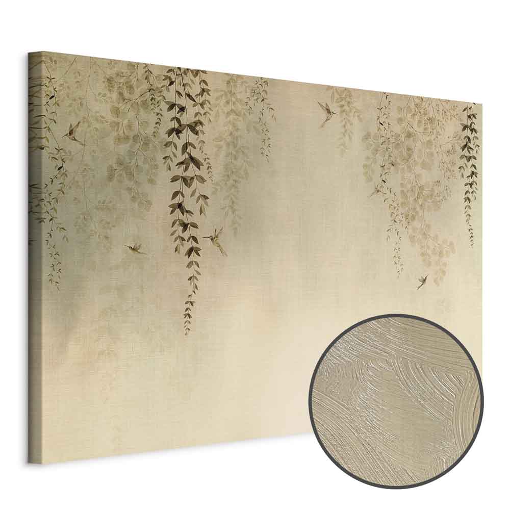 Hummingbirds Spring Orchard Beige Canvas Print