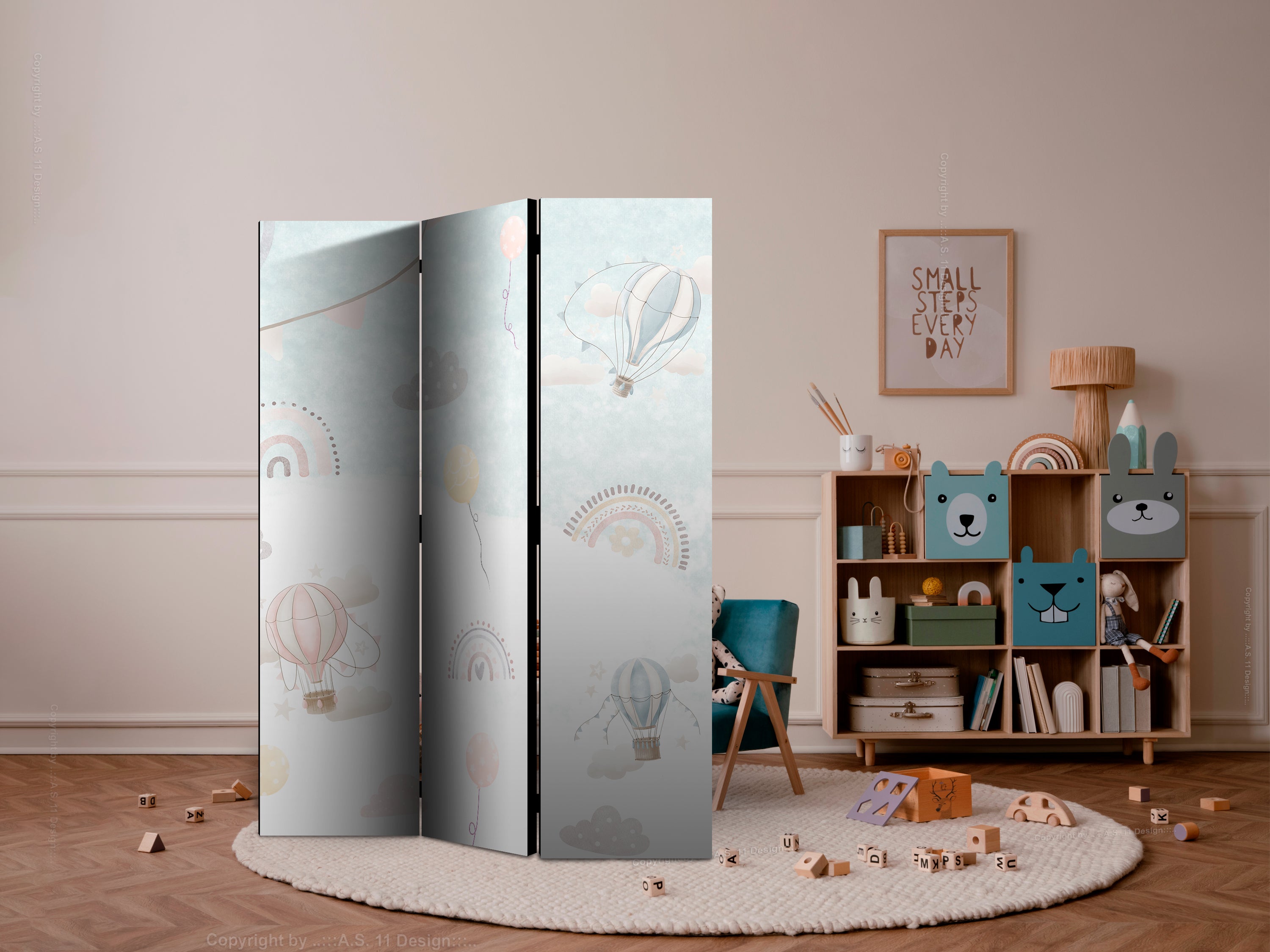 Room Divider Balloons in the Sky - 3-Panel for Children