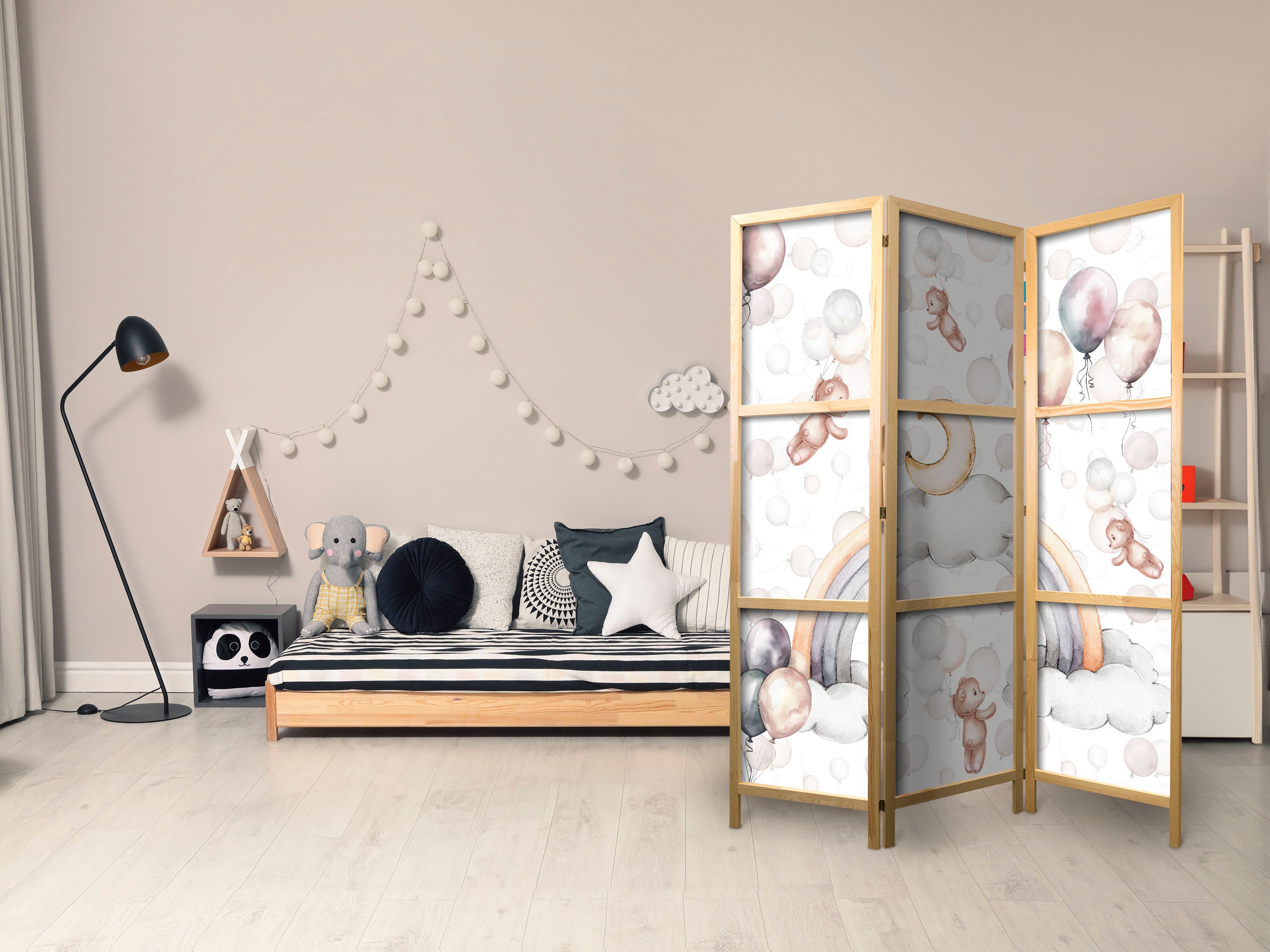 Japanese Room Divider with Plush Bears and Balloons - Pastel Colors