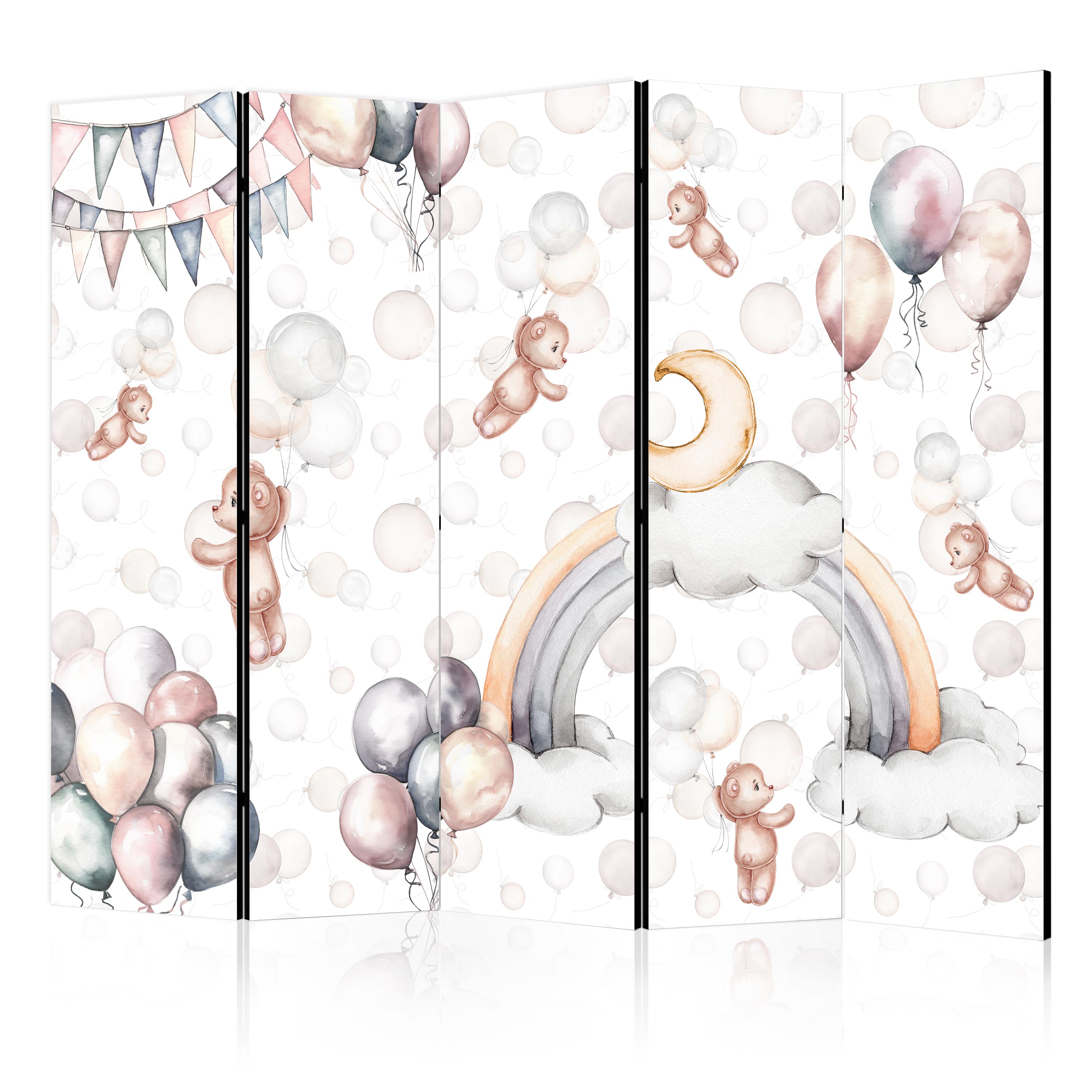 Room Divider - Plush Bears with Balloons, 5-panel, Pastel Hues