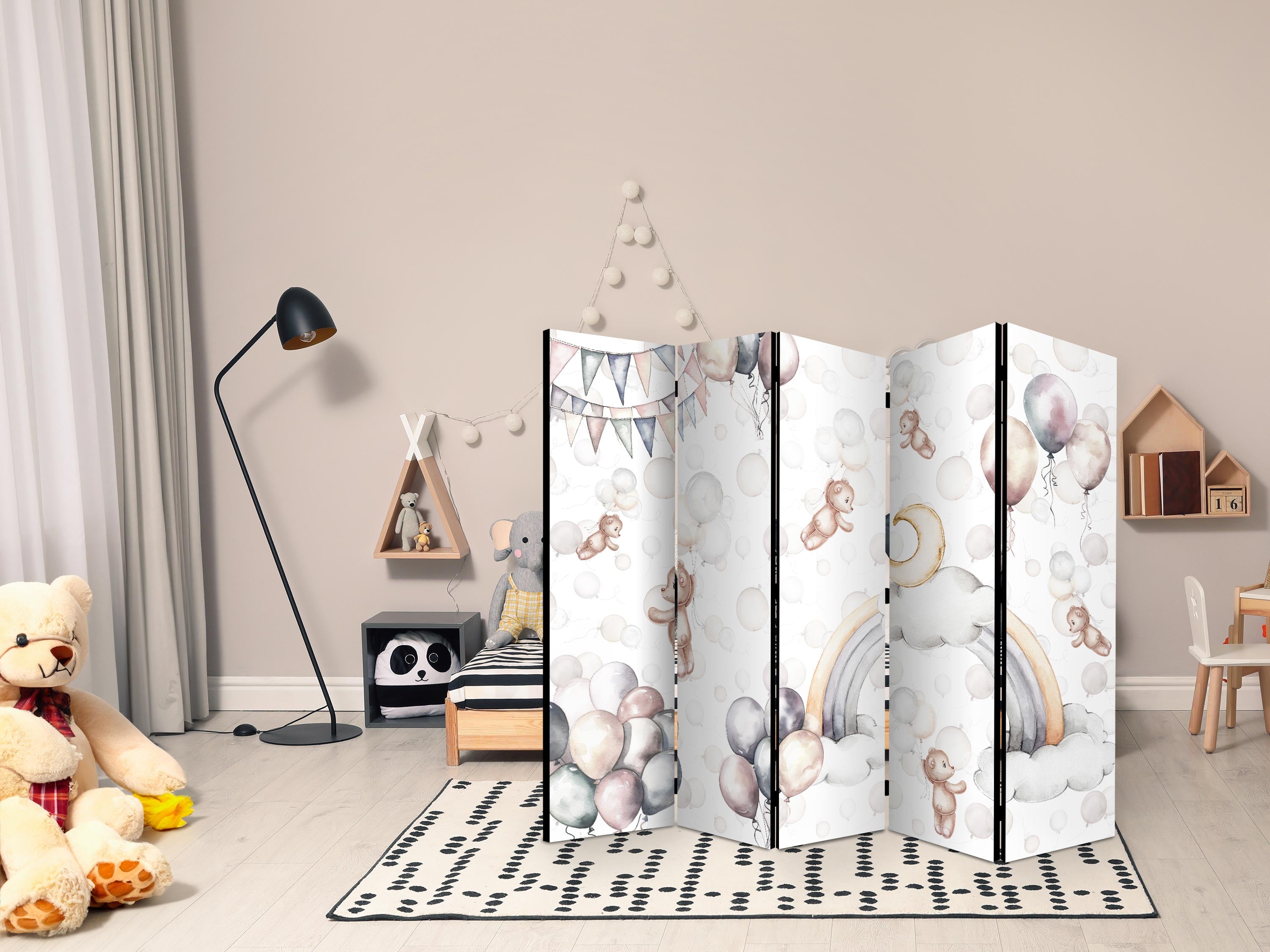 Room Divider - Plush Bears with Balloons, 5-panel, Pastel Hues
