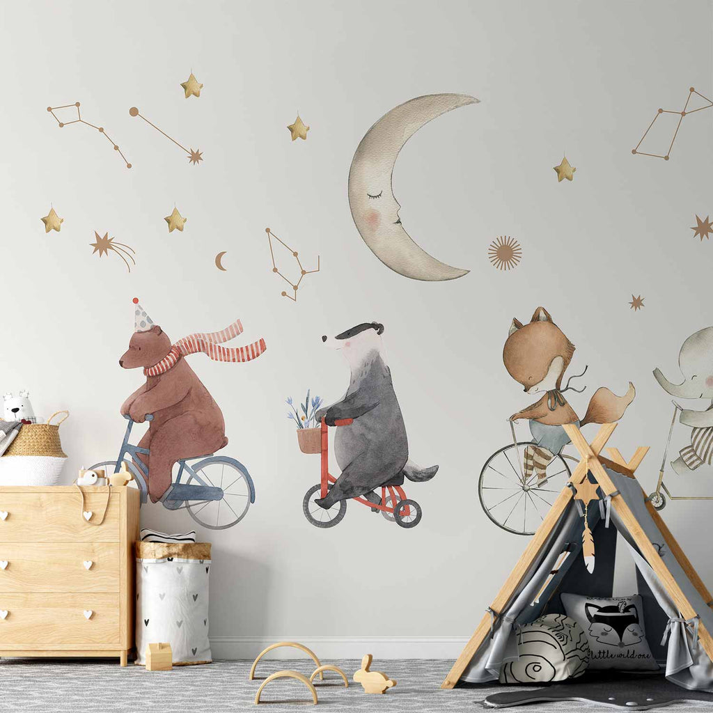 Watercolour Starry Animal Nursery Wall Mural