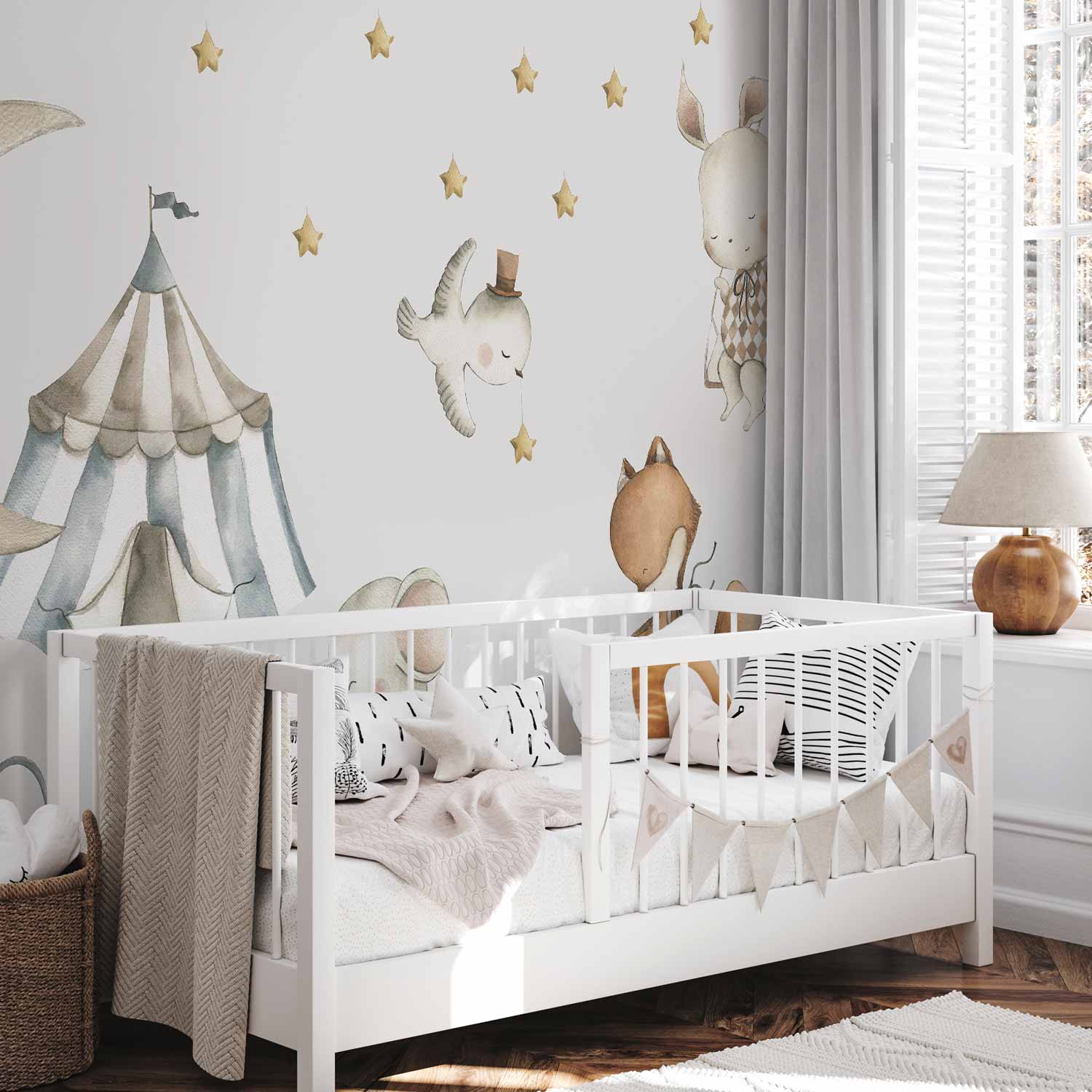 Watercolour Moon and Stars Animals Wall Mural