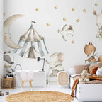 Watercolour Moon and Stars Animals Wall Mural