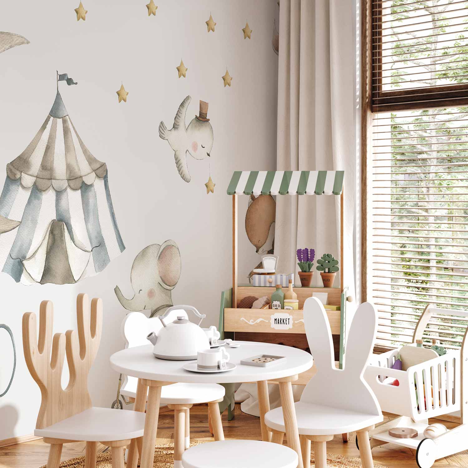 Watercolour Moon and Stars Animals Wall Mural