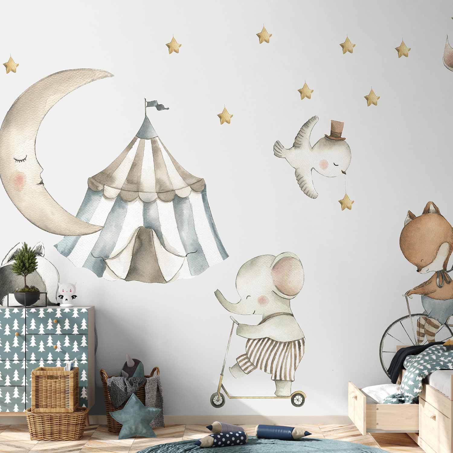Watercolour Moon and Stars Animals Wall Mural