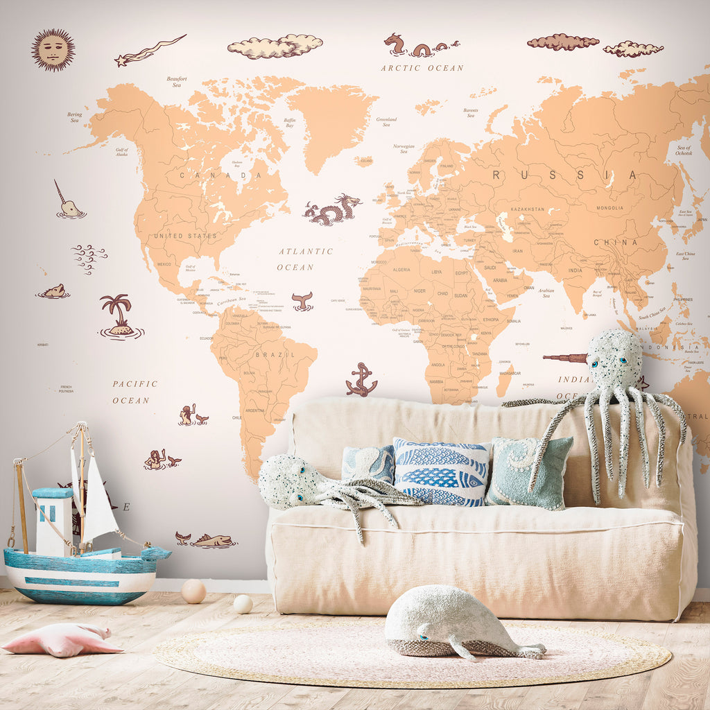 Wall Mural Sea Wolf Map - Countries With Pirate Illustrations