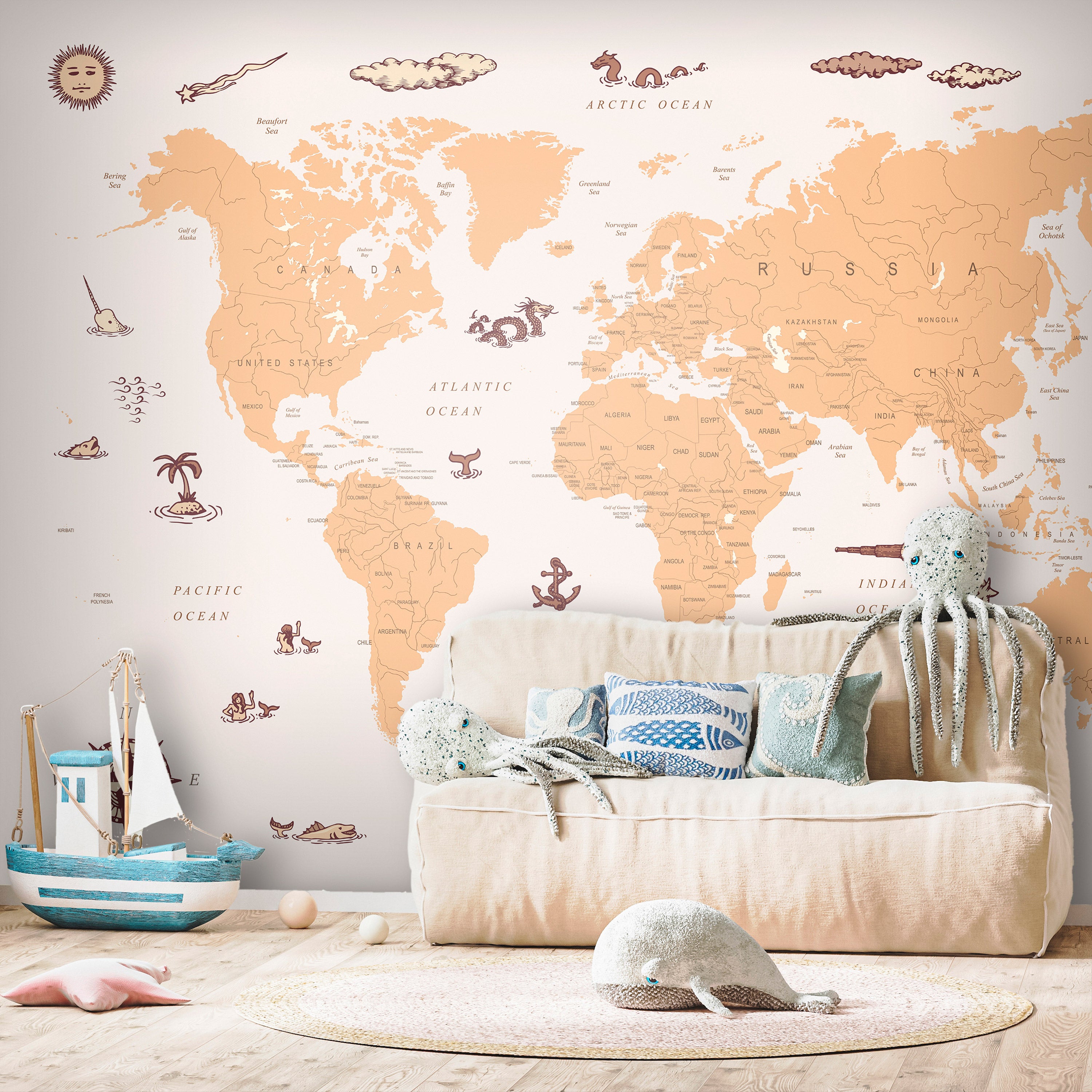 Wall Mural Sea Wolf Map - Countries With Pirate Illustrations