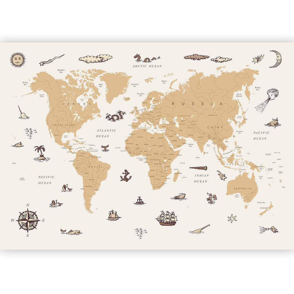 Wall Mural Sea Wolf Map - Countries With Pirate Illustrations