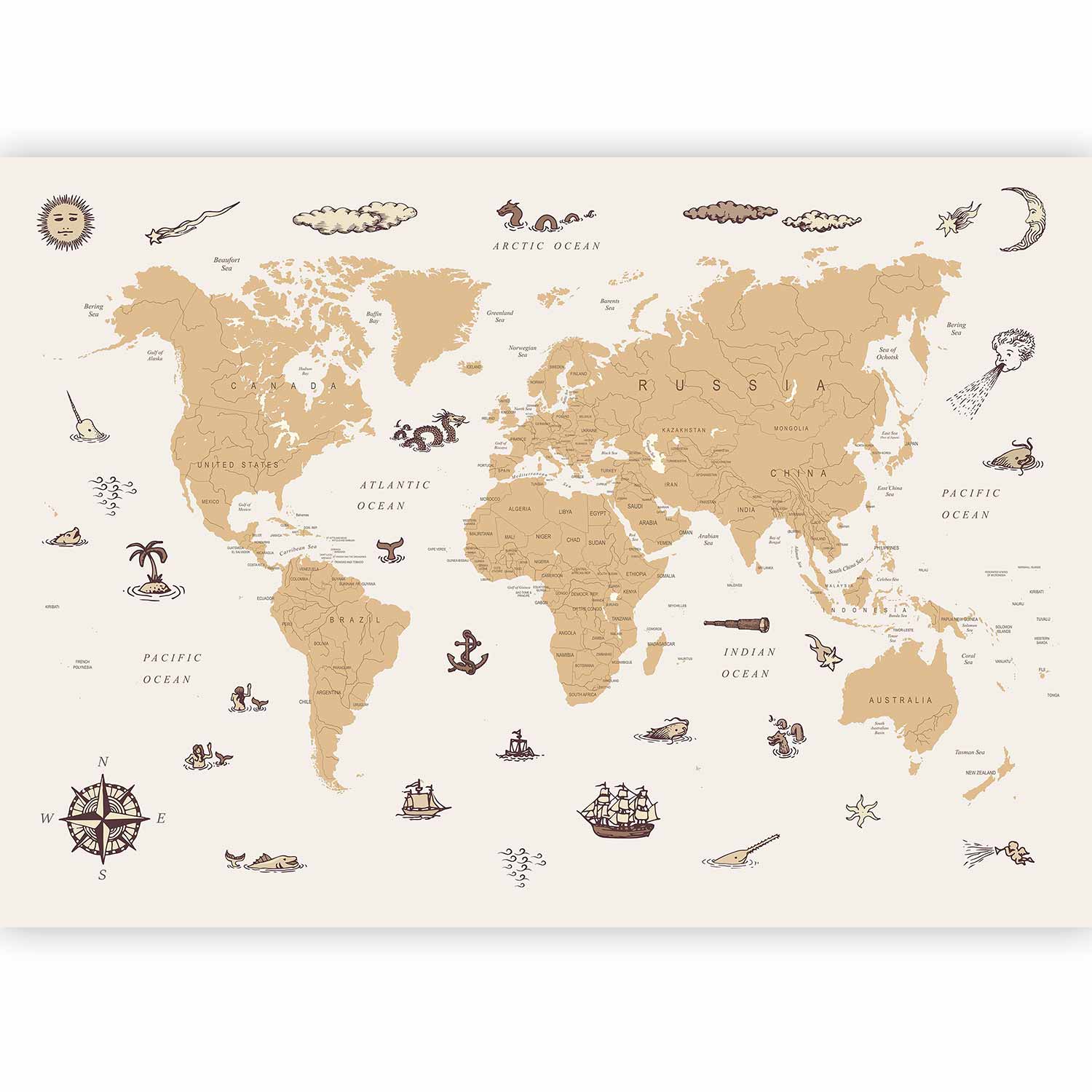 Wall Mural Sea Wolf Map - Countries With Pirate Illustrations