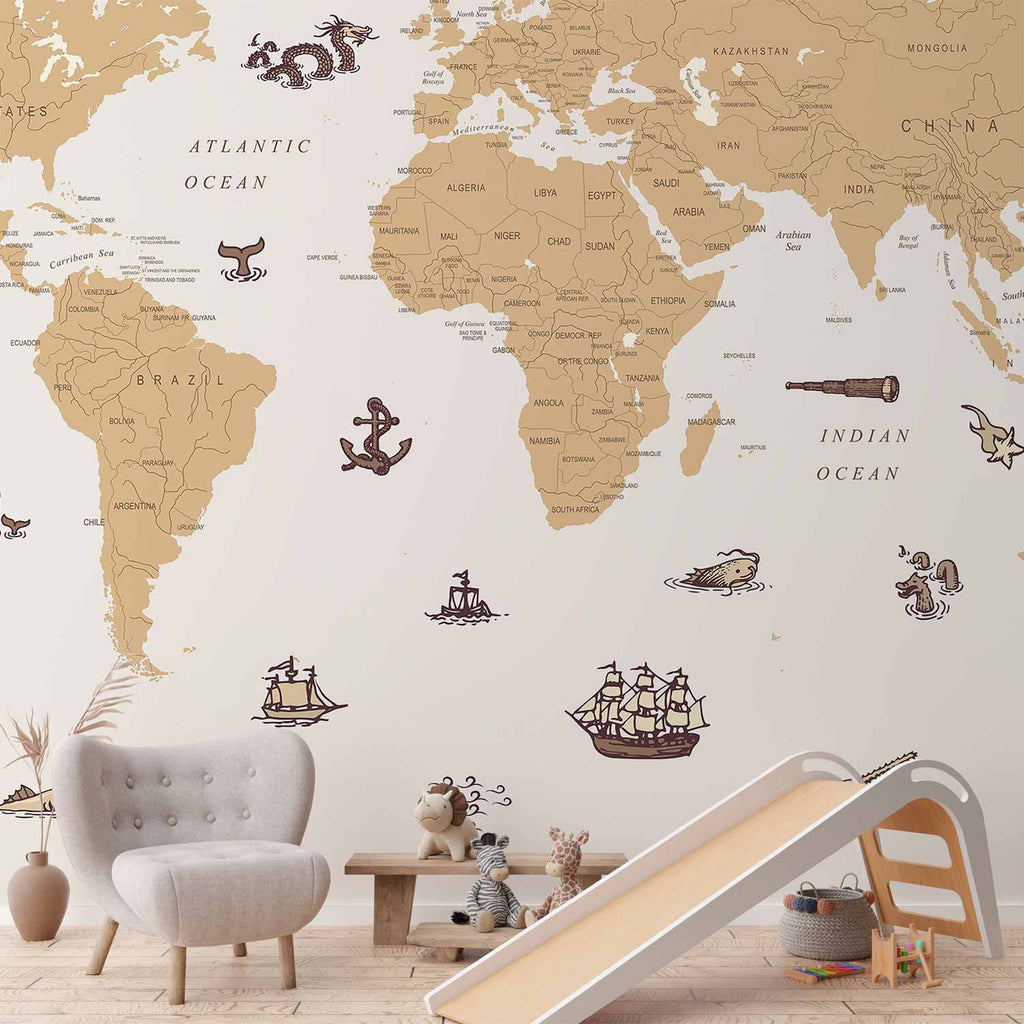 Wall Mural Sea Wolf Map - Countries With Pirate Illustrations
