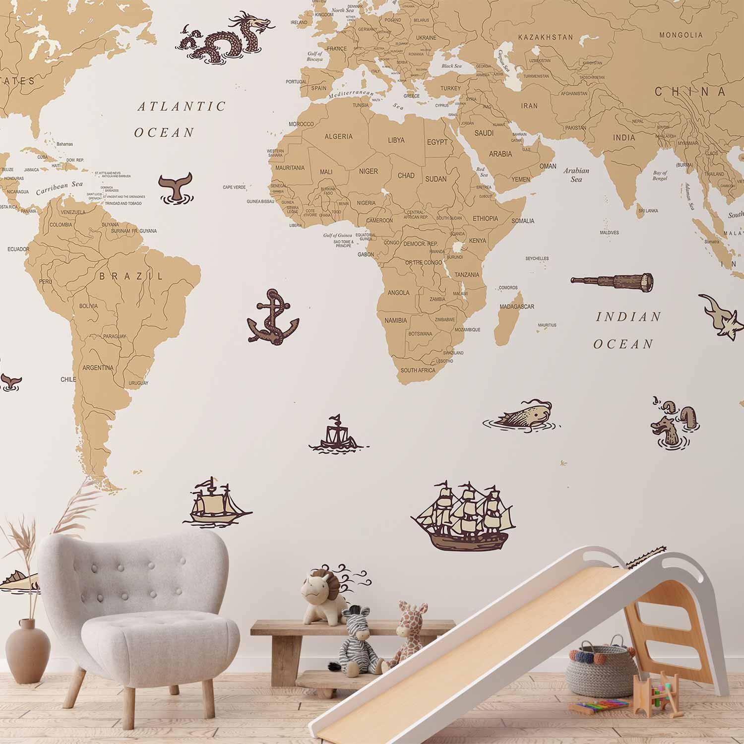 Wall Mural Sea Wolf Map - Countries With Pirate Illustrations