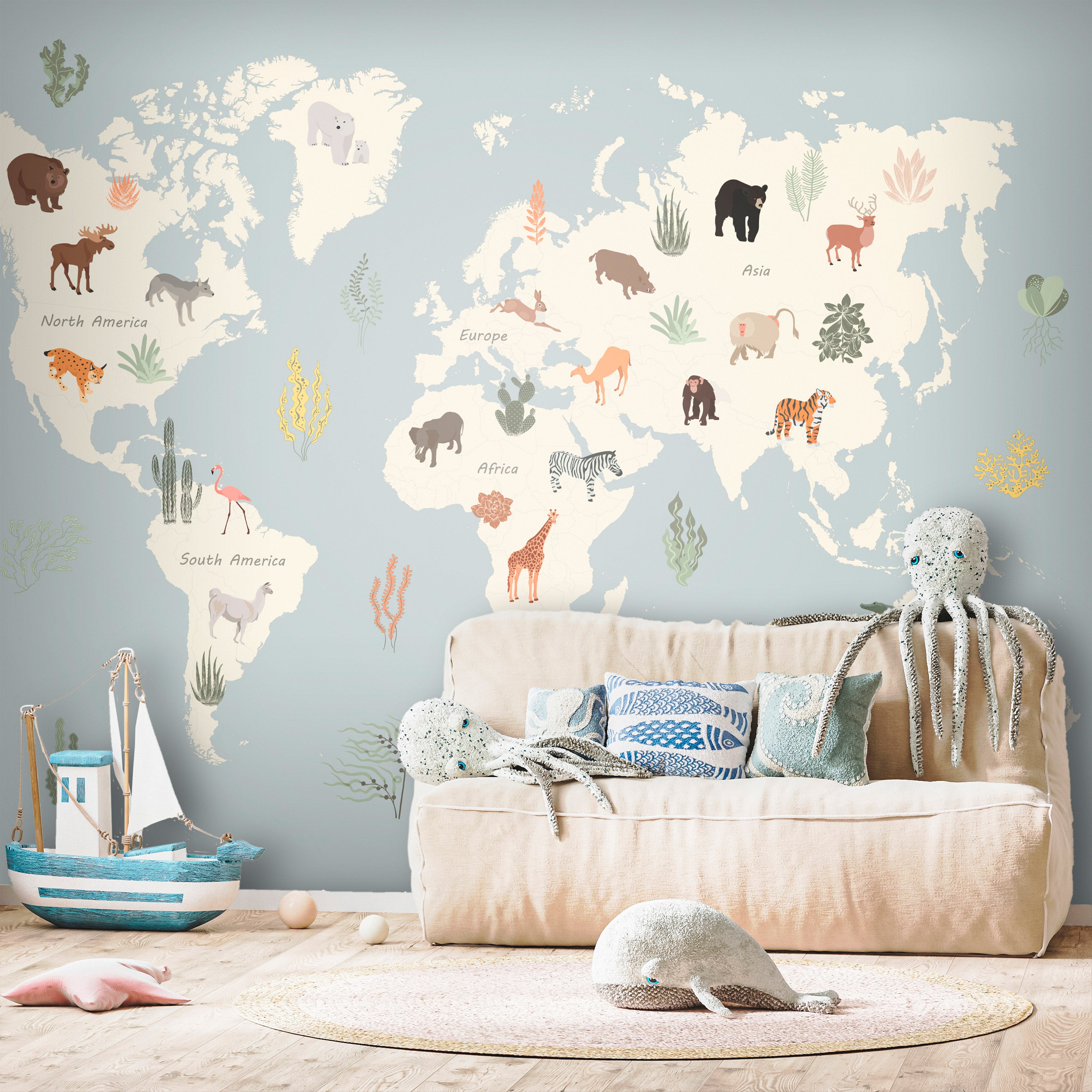 Wall Mural Pastel Planet Map Animals Underwater Plants