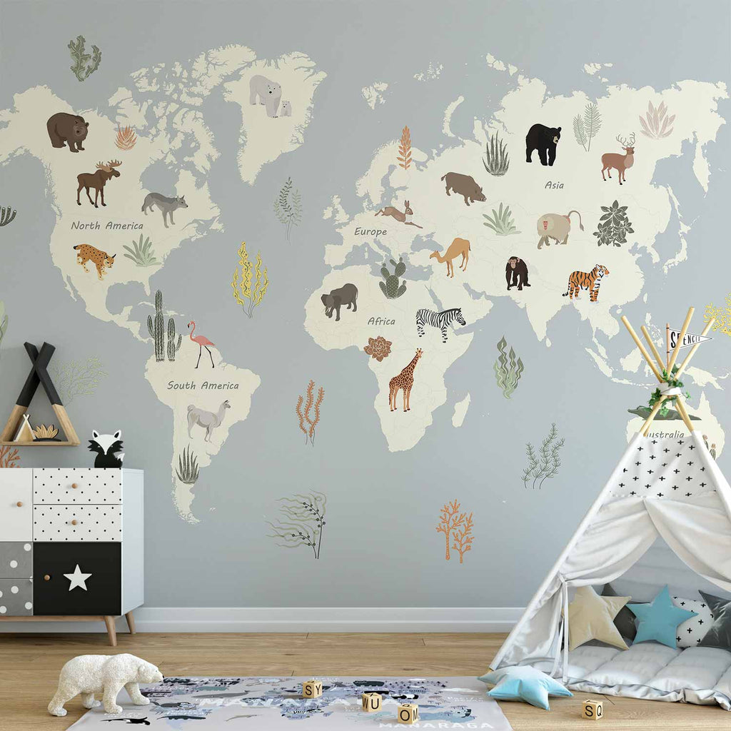 Wall Mural Pastel Planet Map Animals Underwater Plants