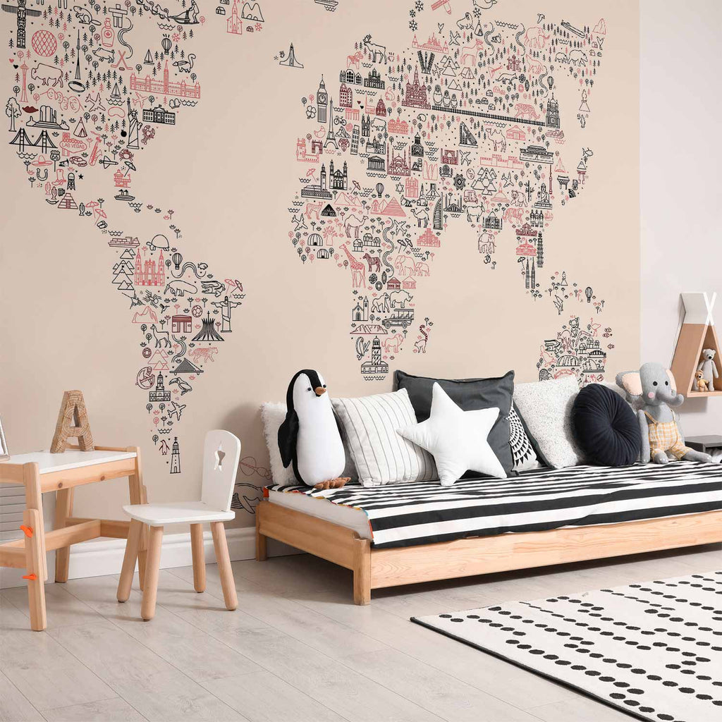 Pastel Cartoon World Map Wall Mural